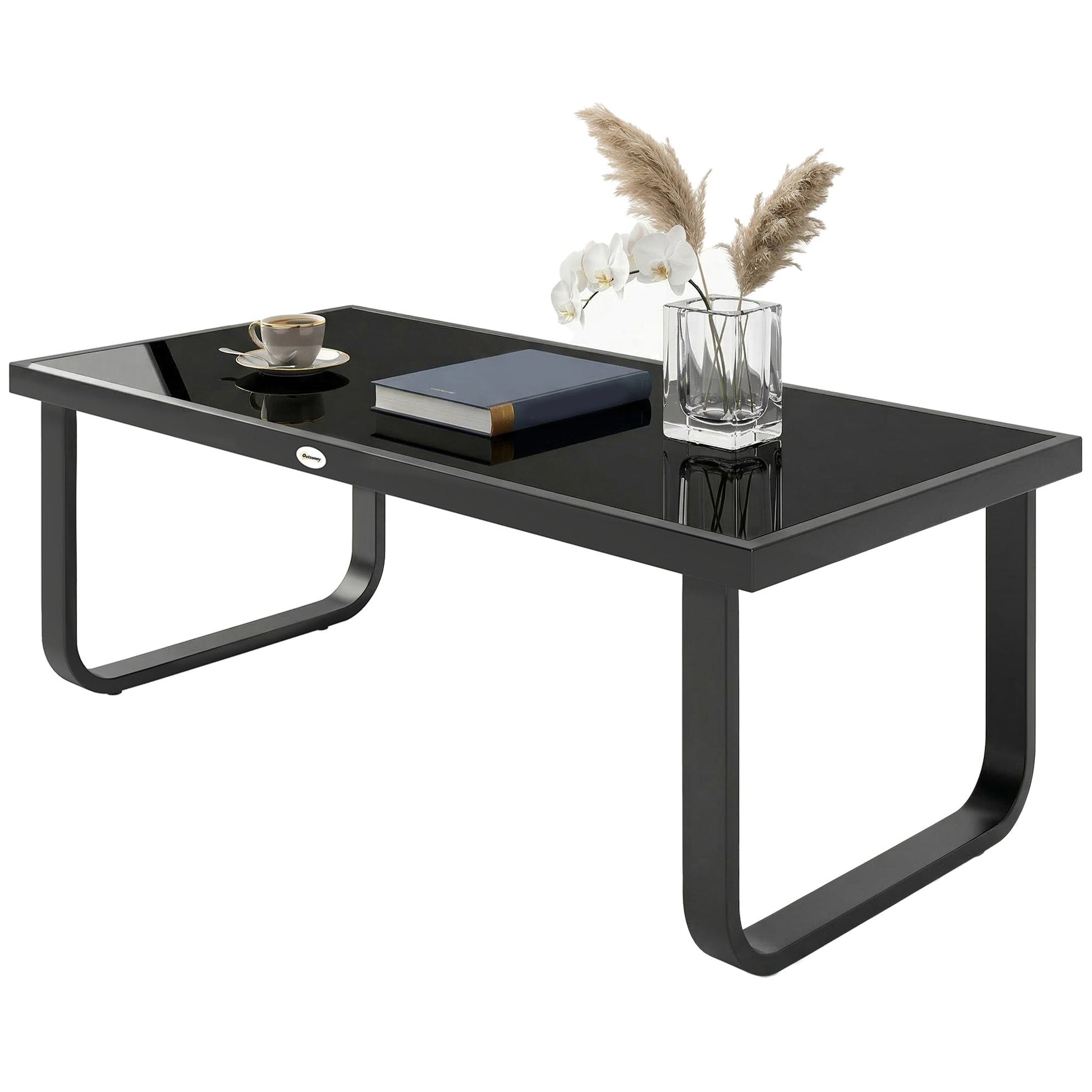 Metal Garden Coffee Table, Outdoor Rectangle Side Table with Tempered Glass Tabletop and Adjustable Foot Pads for Terrace, Balcony, Patio, 90 x 45 x 33 cm, Black