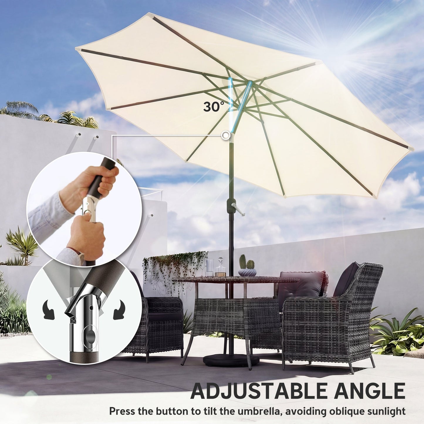 2.7 m Garden Parasol Umbrella with Cross Base and Sandbag, Retractable Ribs, Outdoor Table Market Patio Umbrella Sun Shade with 30 Degree Tilt and Crank, Vent, Cream White
