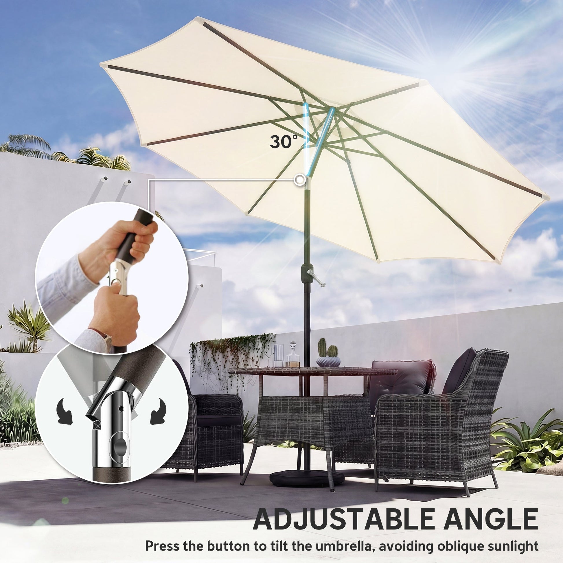 2.7 m Garden Parasol Umbrella with Cross Base and Sandbag, Retractable Ribs, Outdoor Table Market Patio Umbrella Sun Shade with 30 Degree Tilt and Crank, Vent, Cream White