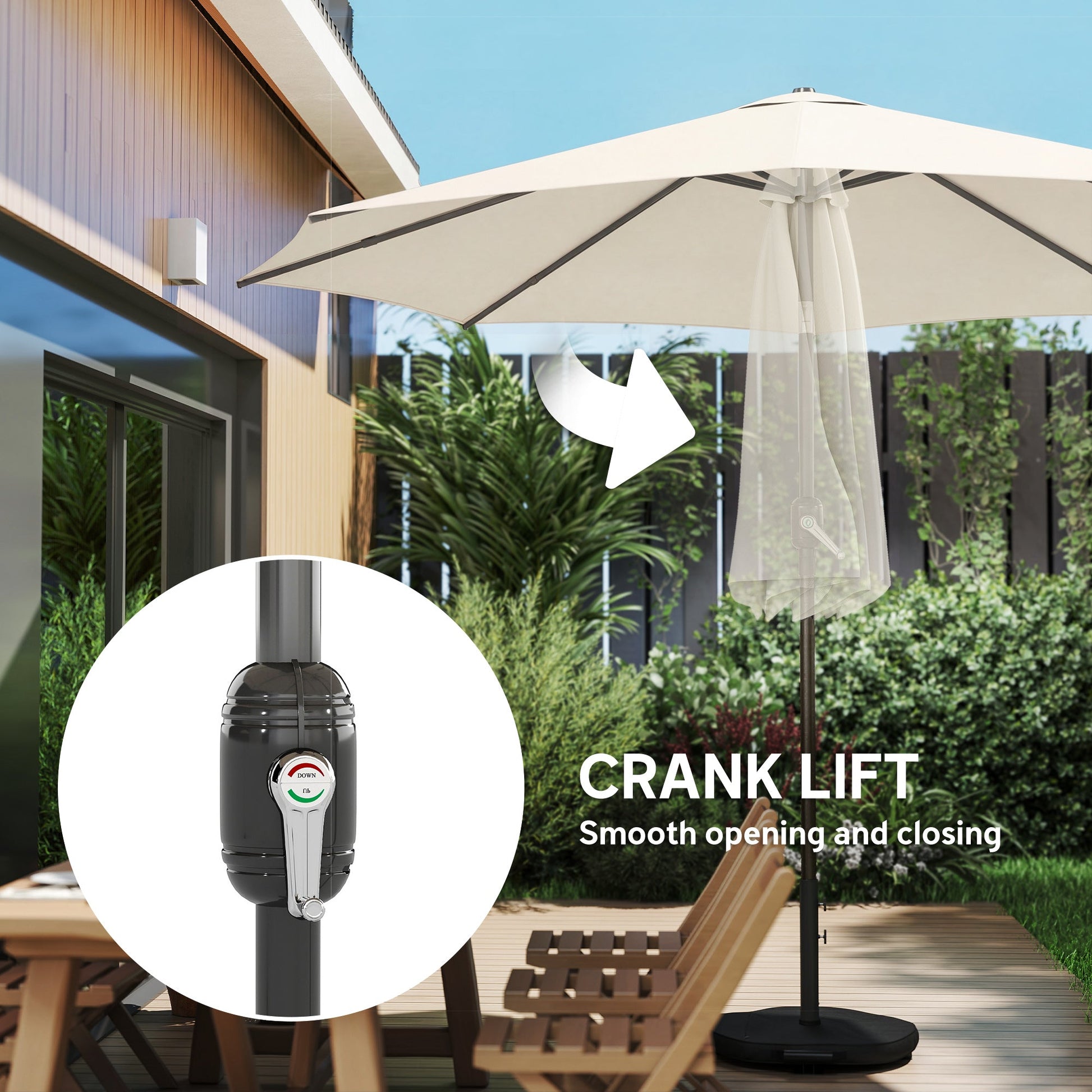 2.7 m Garden Parasol Umbrella with Cross Base and Sandbag, Retractable Ribs, Outdoor Table Market Patio Umbrella Sun Shade with 30 Degree Tilt and Crank, Vent, Cream White