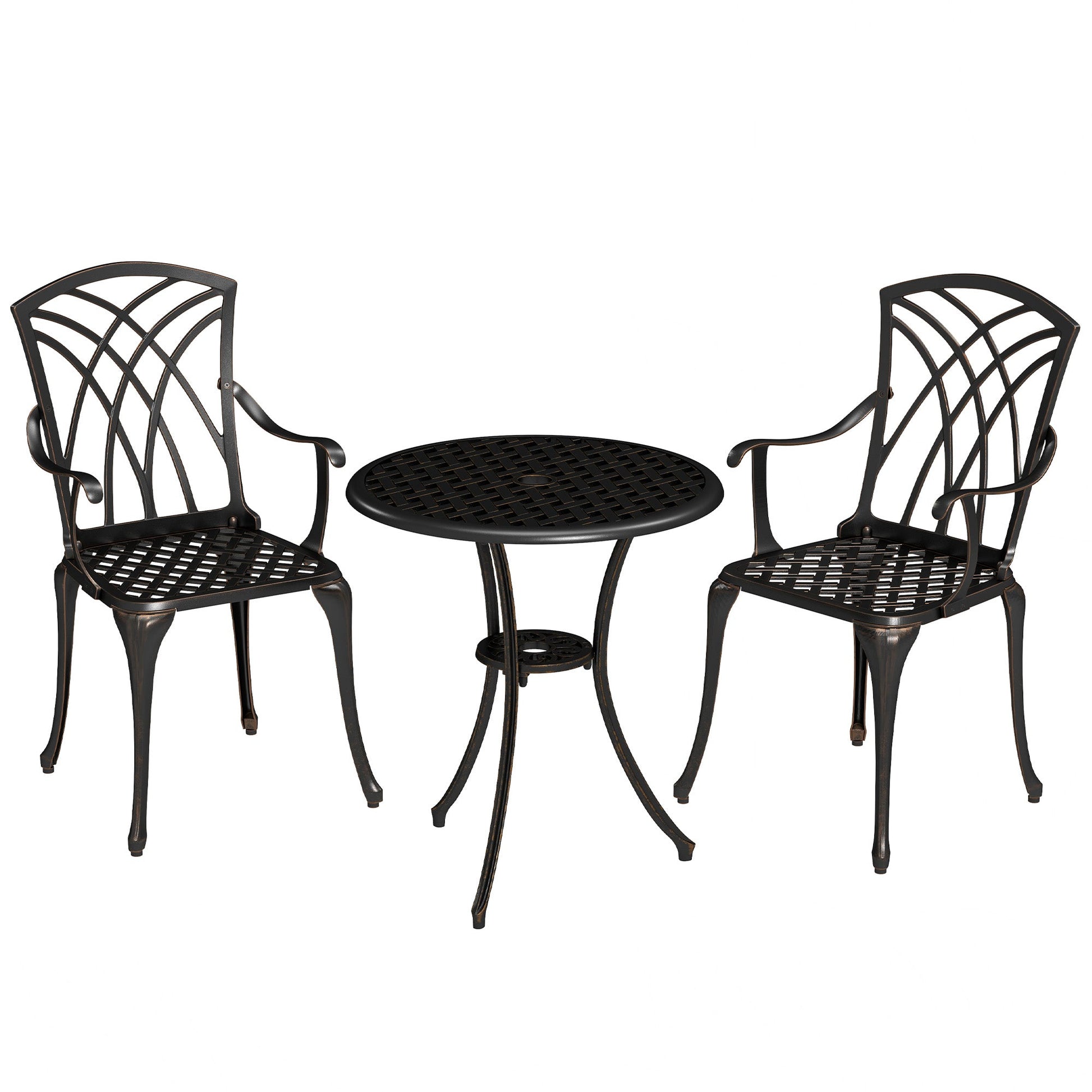 3 Pieces Garden Dining Set for 2, Cast Aluminium Outdoor Dining Set with 2 Armchairs and Round Dining Table with Parasol Hole, Garden Furniture Set, Bronze Tone