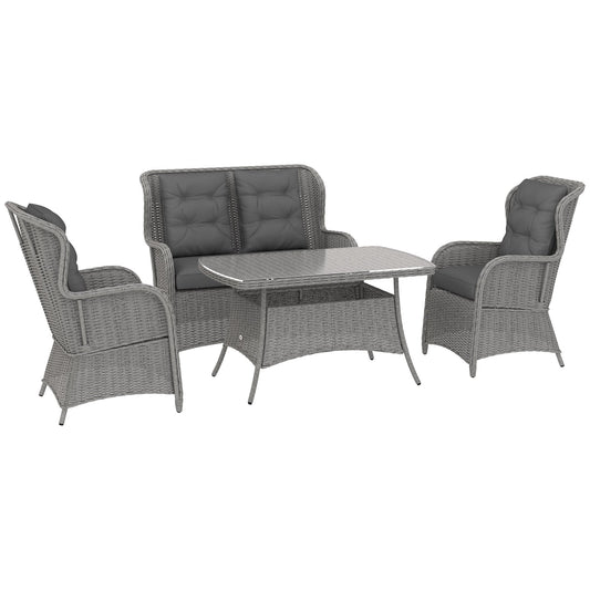 Garden PE Rattan Dining Sofa Set, Outdoor 4 Seater Wicker Furniture, High Back Chairs with Cushions, Tempered Glass Coffee Table for Patio, Light Grey