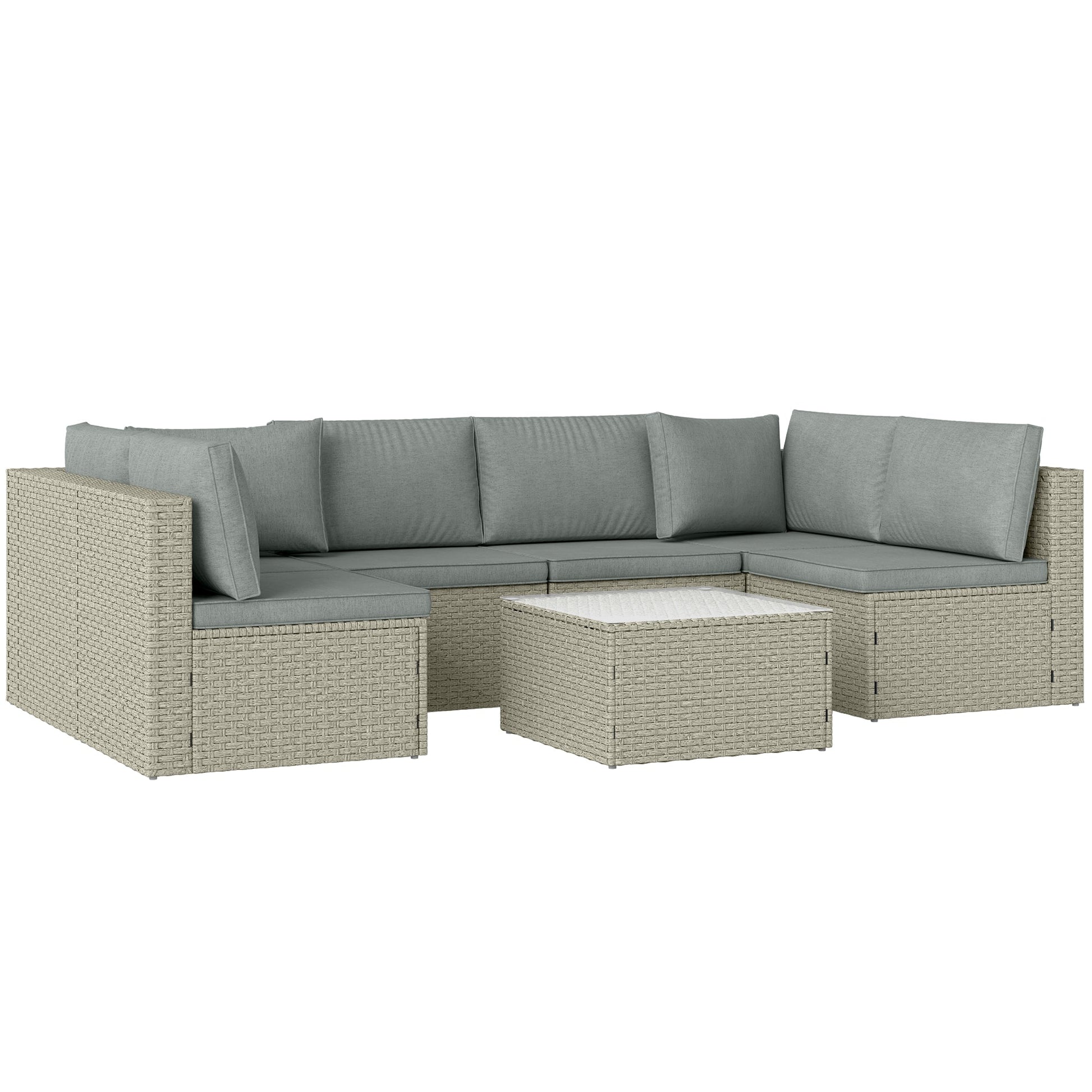 7 Pieces Rattan Garden Furniture Set, 6 Seater Garden Corner Sofa with Wide Seat, Cushions and Glass Top Table, Sectional Outdoor Furniture Conservatory Set for Patio, Light Brown