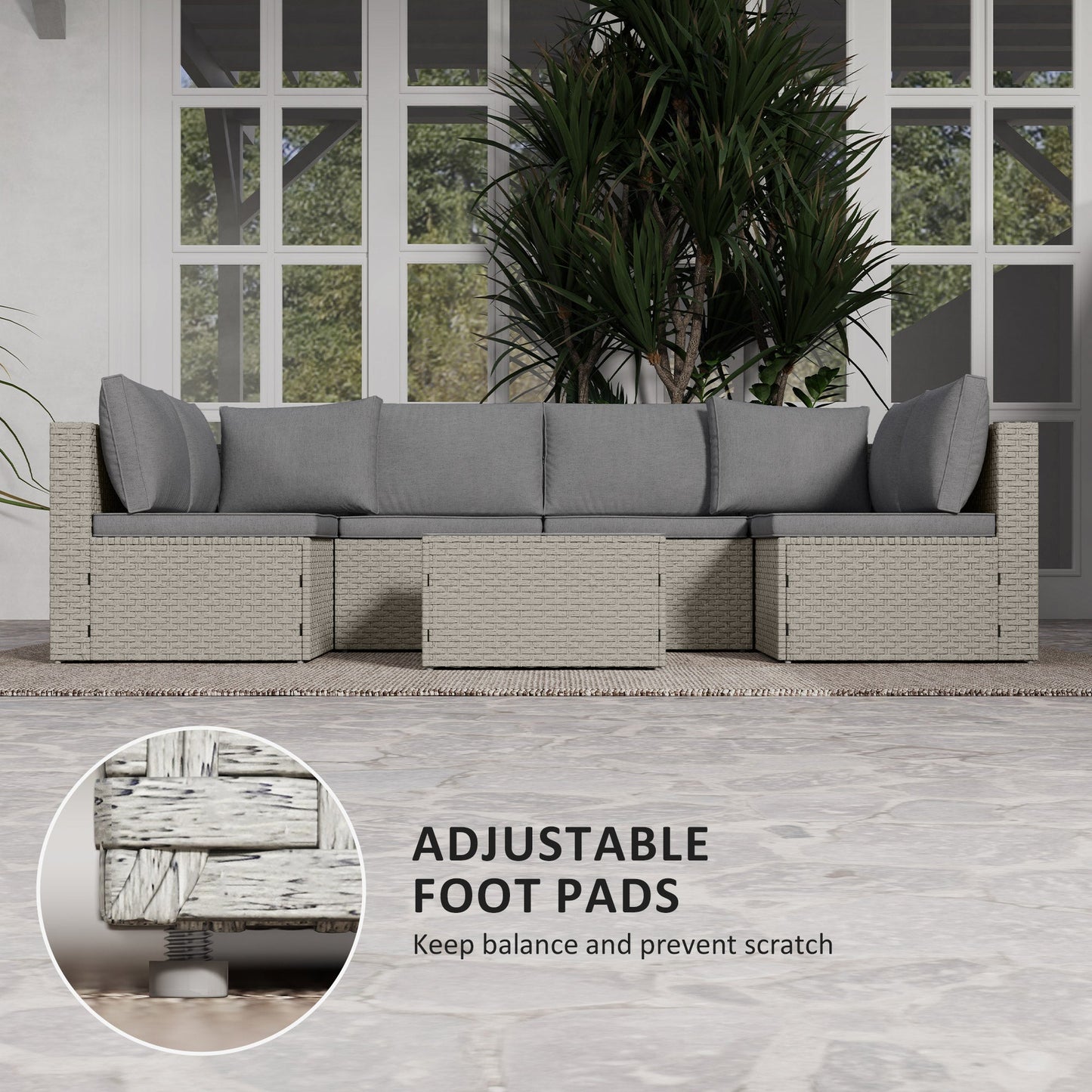 7 Pieces Rattan Garden Furniture Set, 6 Seater Garden Corner Sofa with Wide Seat, Cushions and Glass Top Table, Sectional Outdoor Furniture Conservatory Set for Patio, Light Brown