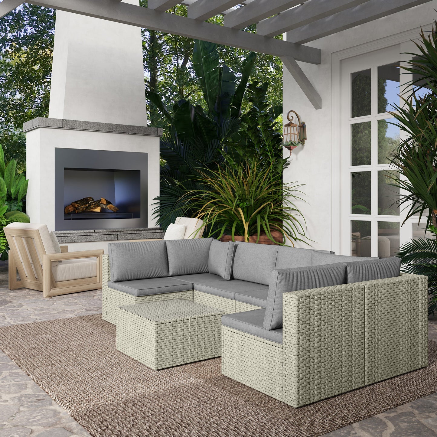 7 Pieces Rattan Garden Furniture Set, 6 Seater Garden Corner Sofa with Wide Seat, Cushions and Glass Top Table, Sectional Outdoor Furniture Conservatory Set for Patio, Light Brown