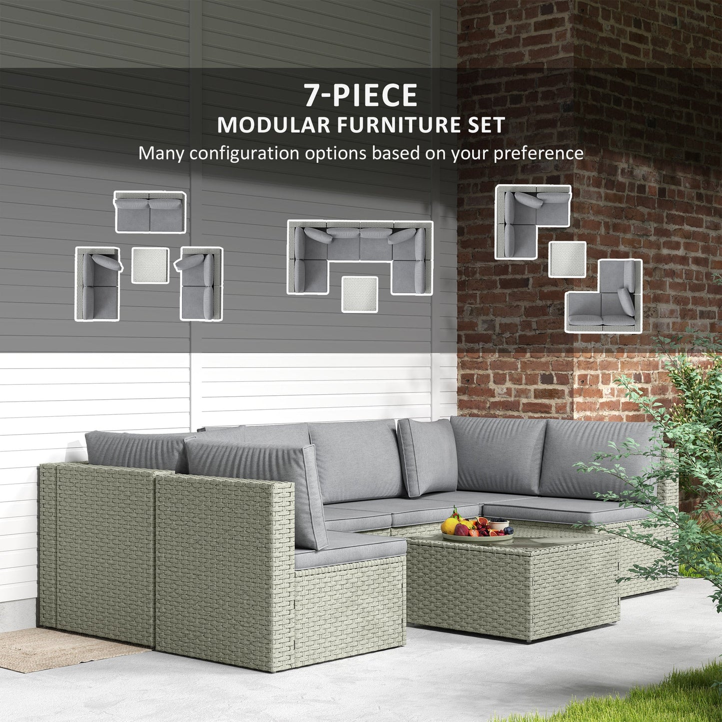 7 Pieces Rattan Garden Furniture Set, 6 Seater Garden Corner Sofa with Wide Seat, Cushions and Glass Top Table, Sectional Outdoor Furniture Conservatory Set for Patio, Light Brown