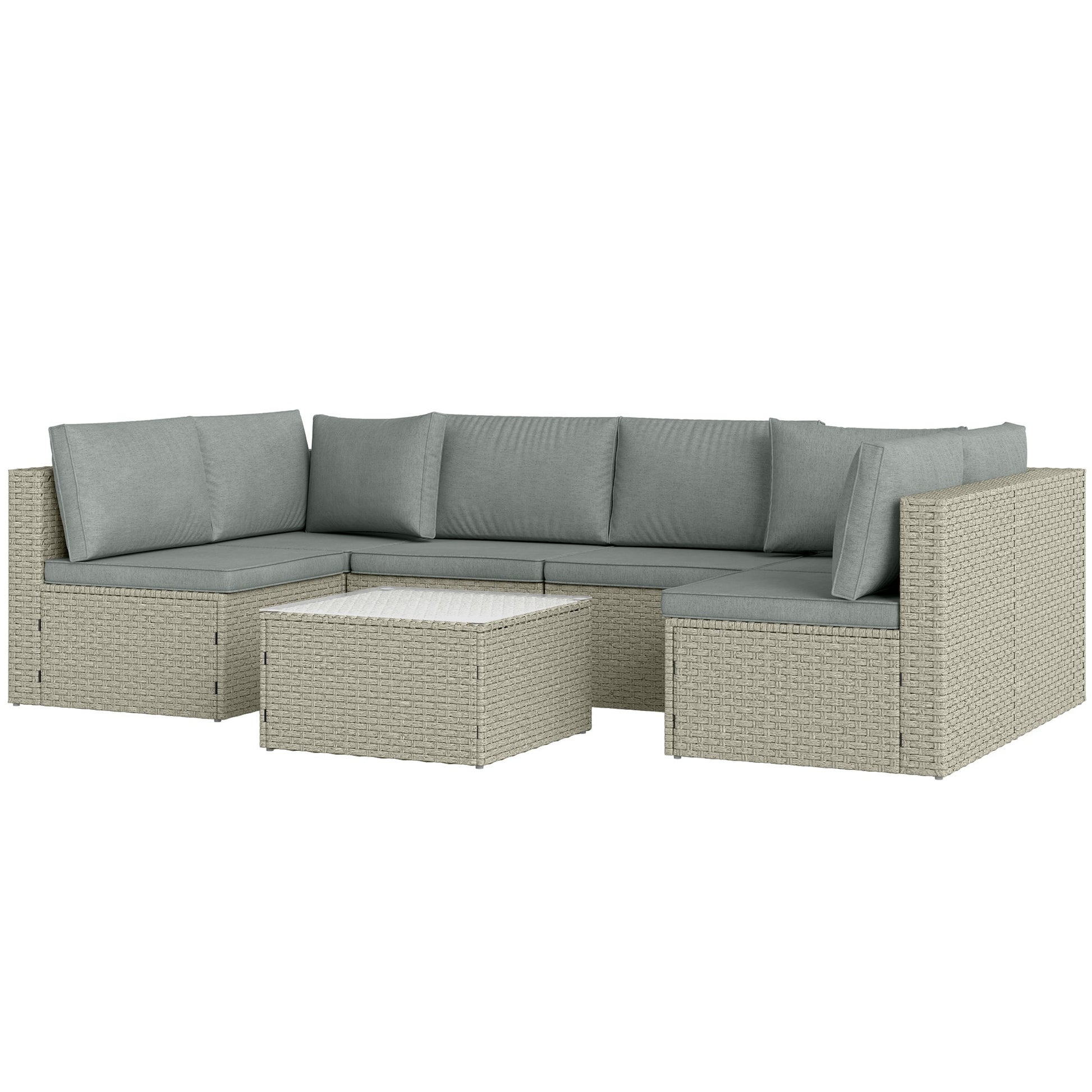 7 Pieces Rattan Garden Furniture Set, 6 Seater Garden Corner Sofa with Wide Seat, Cushions and Glass Top Table, Sectional Outdoor Furniture Conservatory Set for Patio, Light Brown
