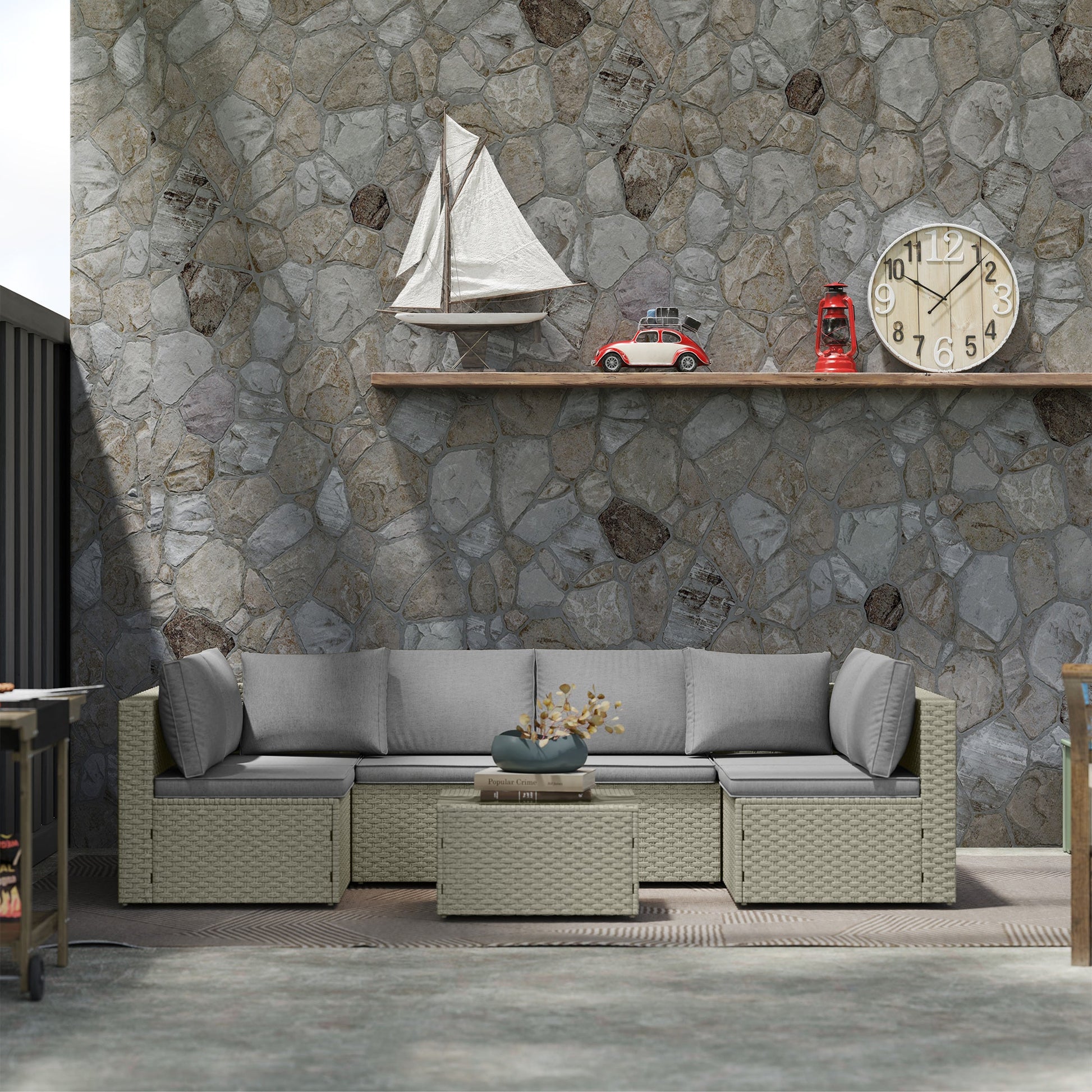 7 Pieces Rattan Garden Furniture Set, 6 Seater Garden Corner Sofa with Wide Seat, Cushions and Glass Top Table, Sectional Outdoor Furniture Conservatory Set for Patio, Light Brown