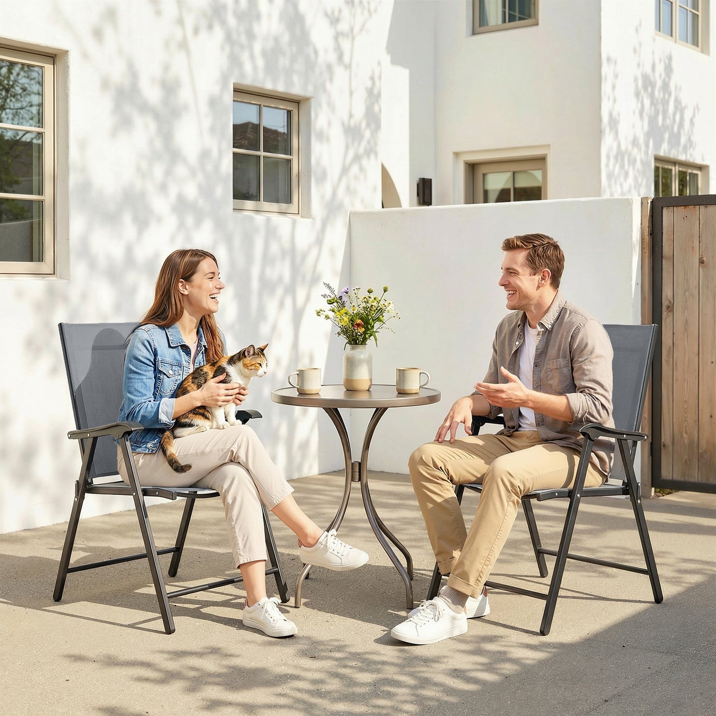 Folding Garden Chairs Set of 2, Foldable Garden Dining Chairs with High Back and Armrests, Breathable Texteline Folding Outdoor Chair Set with Metal Frame for Patio, Balcony, Light Grey