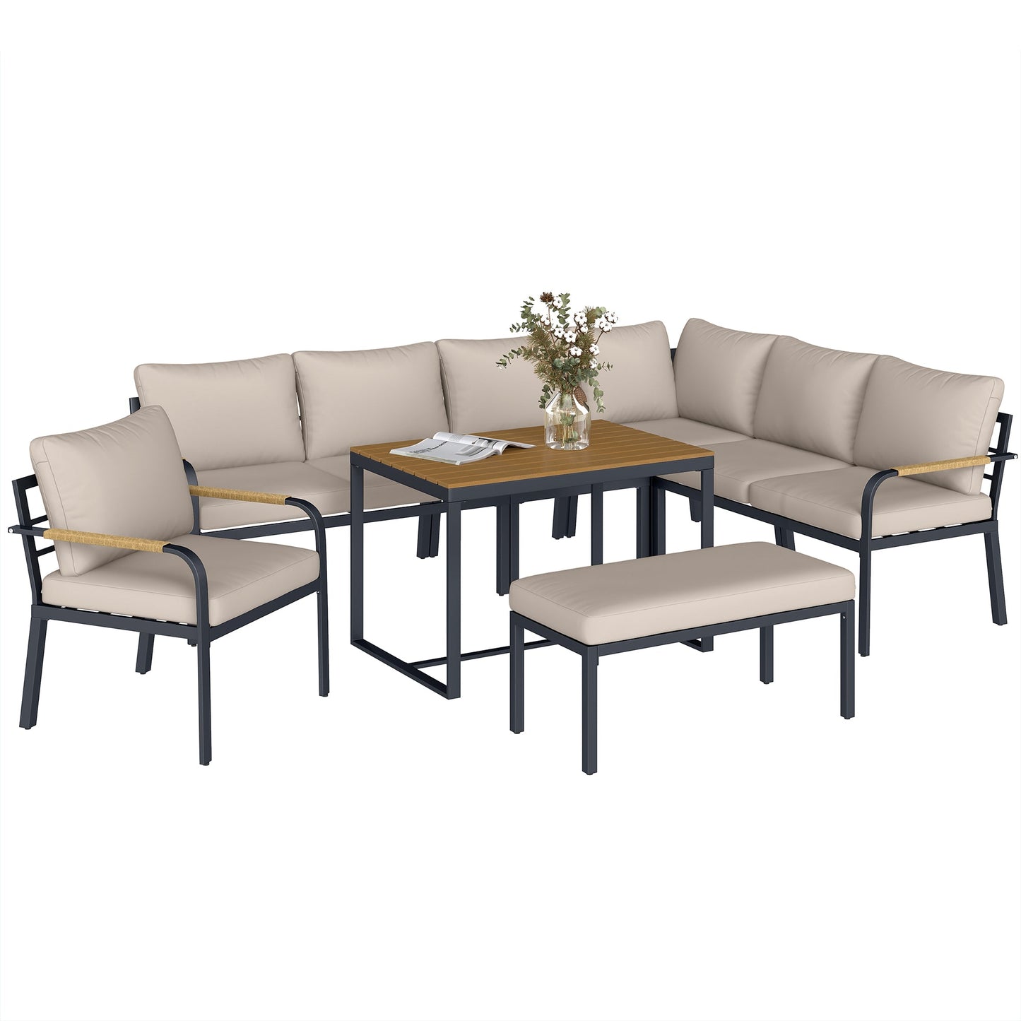 7 Seater Garden Furniture Set with 2 Loveseats, Armchair, 2 Armless Chairs, Footstool, Faux Wood Table, Metal Garden Sofa Set with Cushions, Outdoor Furniture Conversation Sets, Khaki