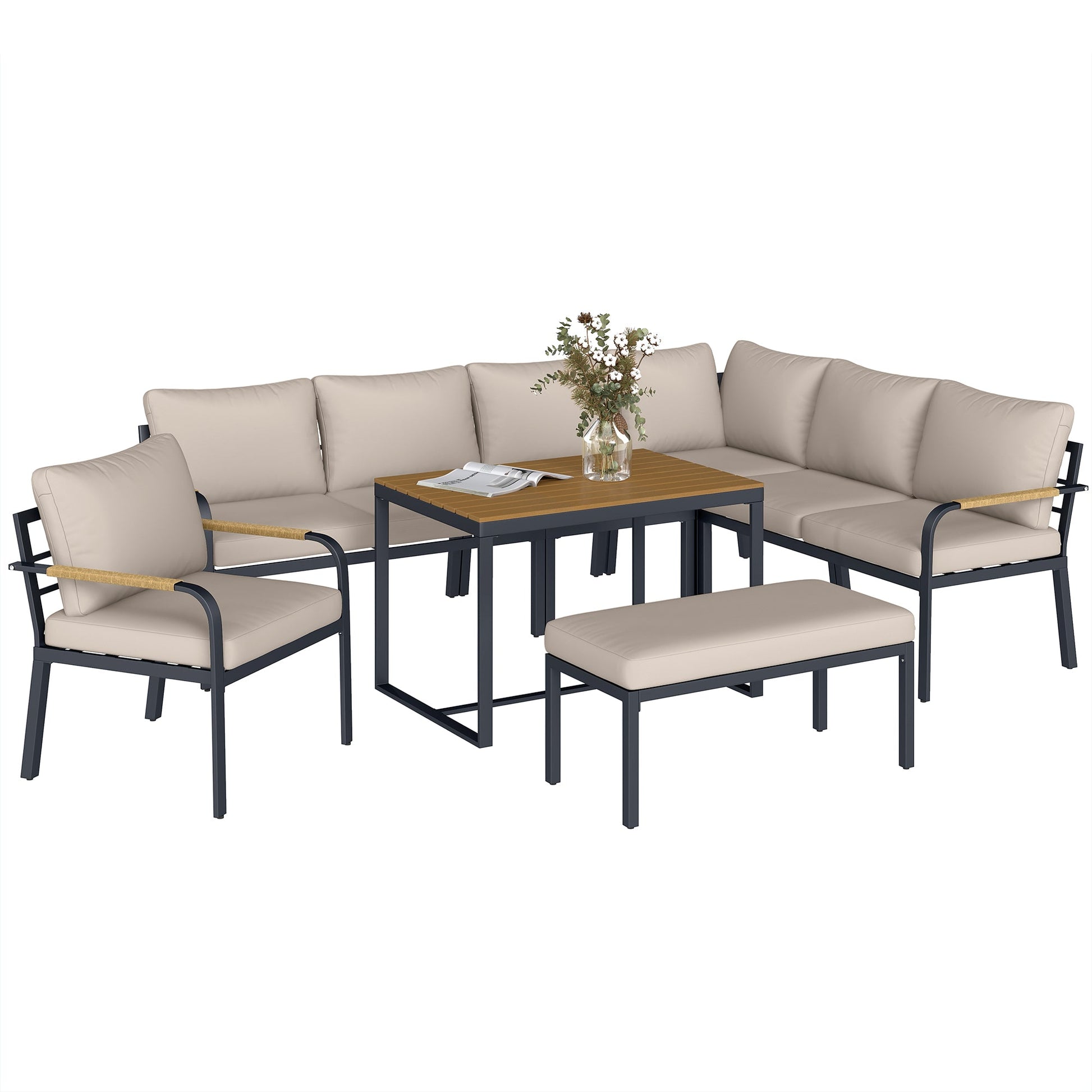 7 Seater Garden Furniture Set with 2 Loveseats, Armchair, 2 Armless Chairs, Footstool, Faux Wood Table, Metal Garden Sofa Set with Cushions, Outdoor Furniture Conversation Sets, Khaki