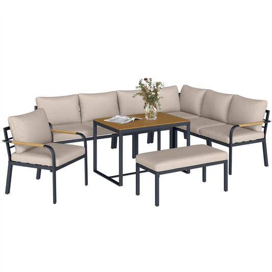 7 Seater Garden Furniture Set with 2 Loveseats, Armchair, 2 Armless Chairs, Footstool, Faux Wood Table, Metal Garden Sofa Set with Cushions, Outdoor Furniture Conversation Sets, Khaki