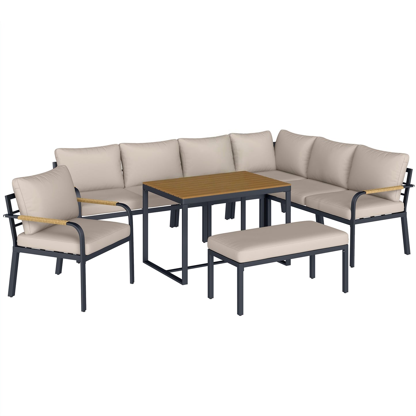 7 Seater Garden Furniture Set with 2 Loveseats, Armchair, 2 Armless Chairs, Footstool, Faux Wood Table, Metal Garden Sofa Set with Cushions, Outdoor Furniture Conversation Sets, Khaki