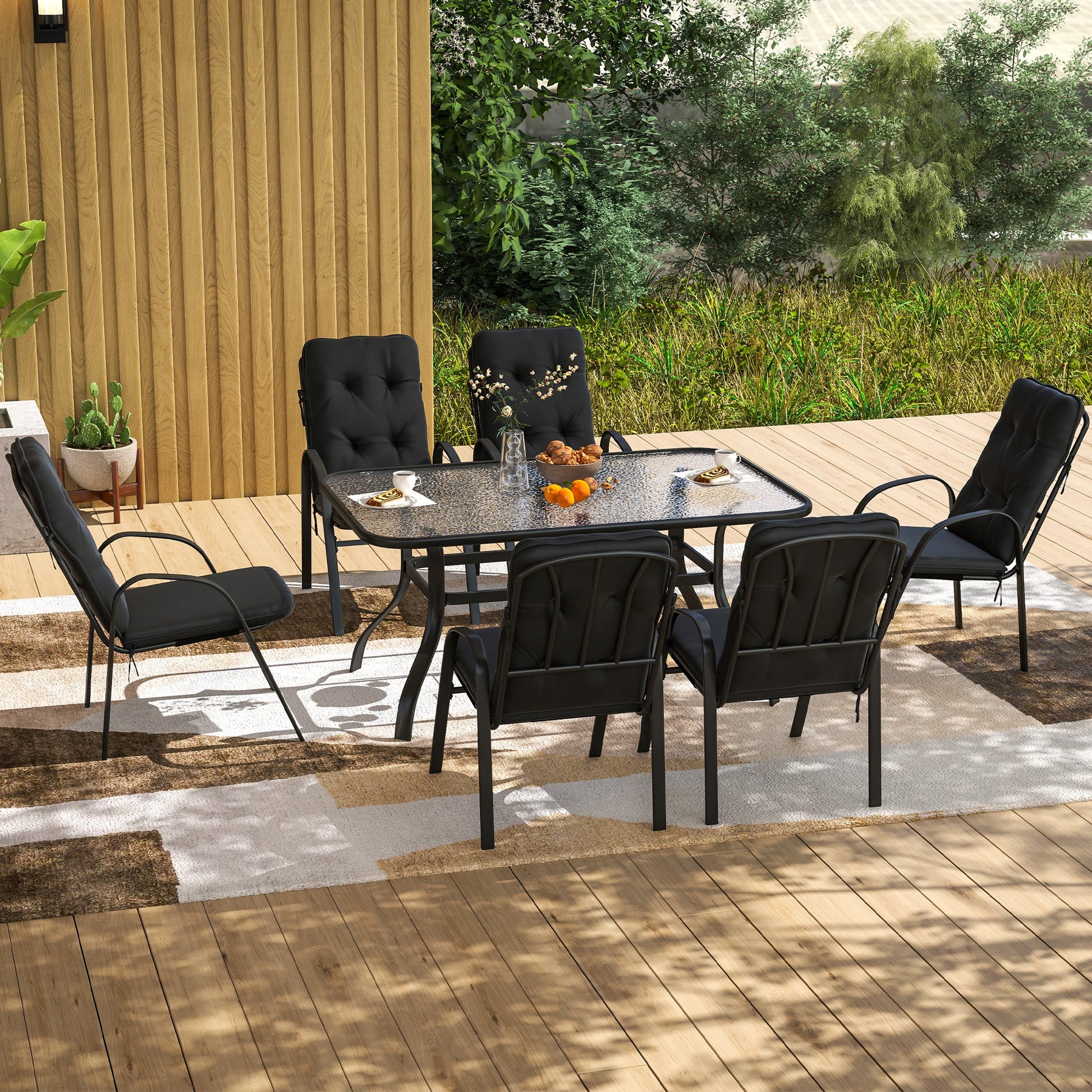 7 Pieces Garden Dining Set, Outdoor Rectangular Dining Table and 6 Cushioned Armchairs, Tempered Glass Top Table w/ Umbrella Hole, Texteline Seats, Black