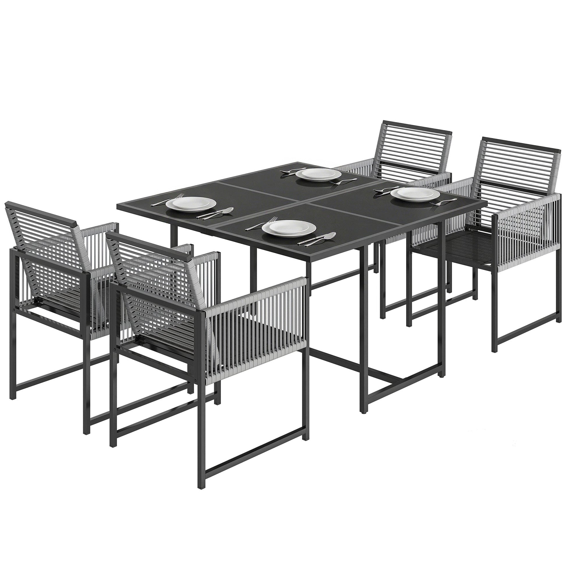 5 Pieces Garden Dining Set, Outdoor Patio Cube Set, 4 Seater Outdoor Table and Chairs with Foldable Backrest, Tempered Glass Top, Space-Saving, Light Grey
