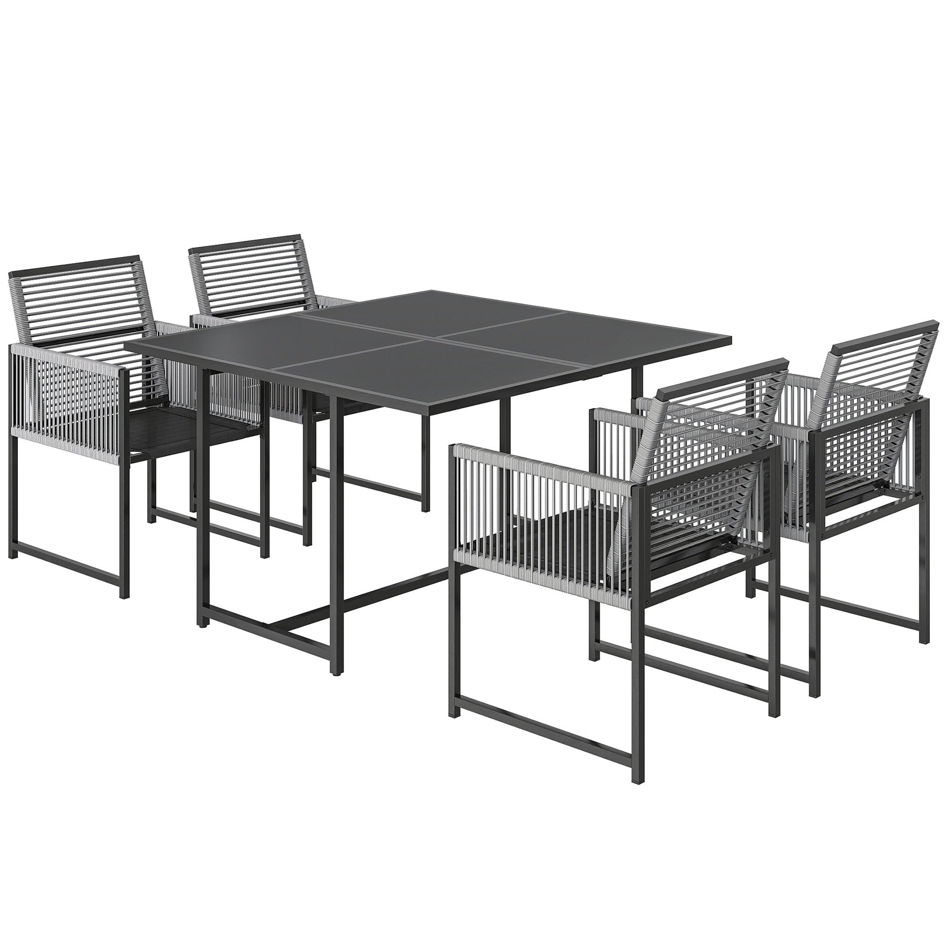 5 Pieces Garden Dining Set, Outdoor Patio Cube Set, 4 Seater Outdoor Table and Chairs with Foldable Backrest, Tempered Glass Top, Space-Saving, Light Grey
