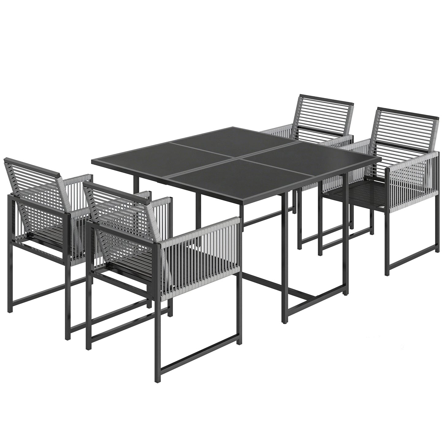5 Pieces Garden Dining Set, Outdoor Patio Cube Set, 4 Seater Outdoor Table and Chairs with Foldable Backrest, Tempered Glass Top, Space-Saving, Light Grey