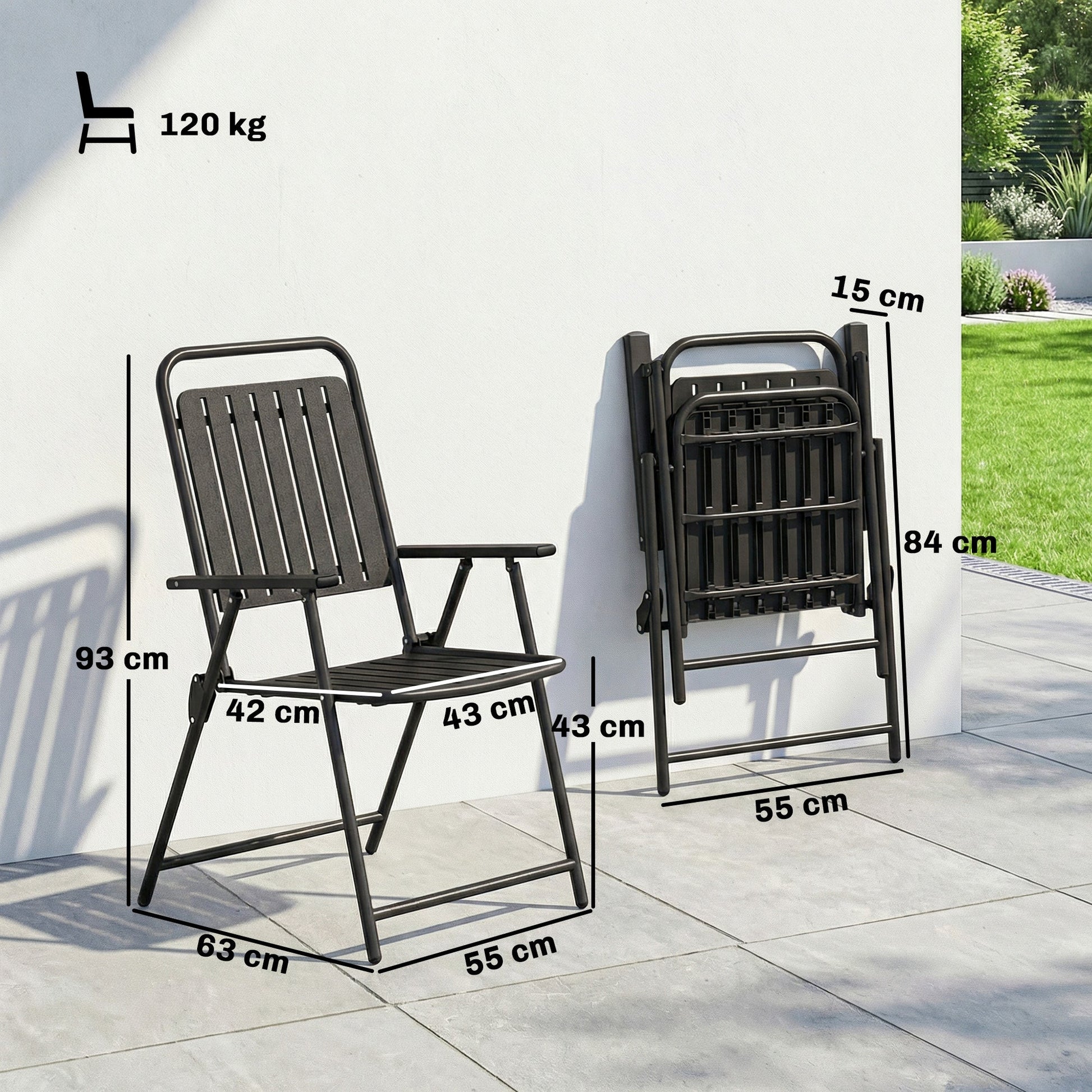 Folding Garden Chairs Set of 4, Garden Dining Chairs with Plastic Slatted Seat and Back, Portable Folding Chair Set with Armrests and Steel Frame for Outdoor, Patio, Balcony, Terrace, Black