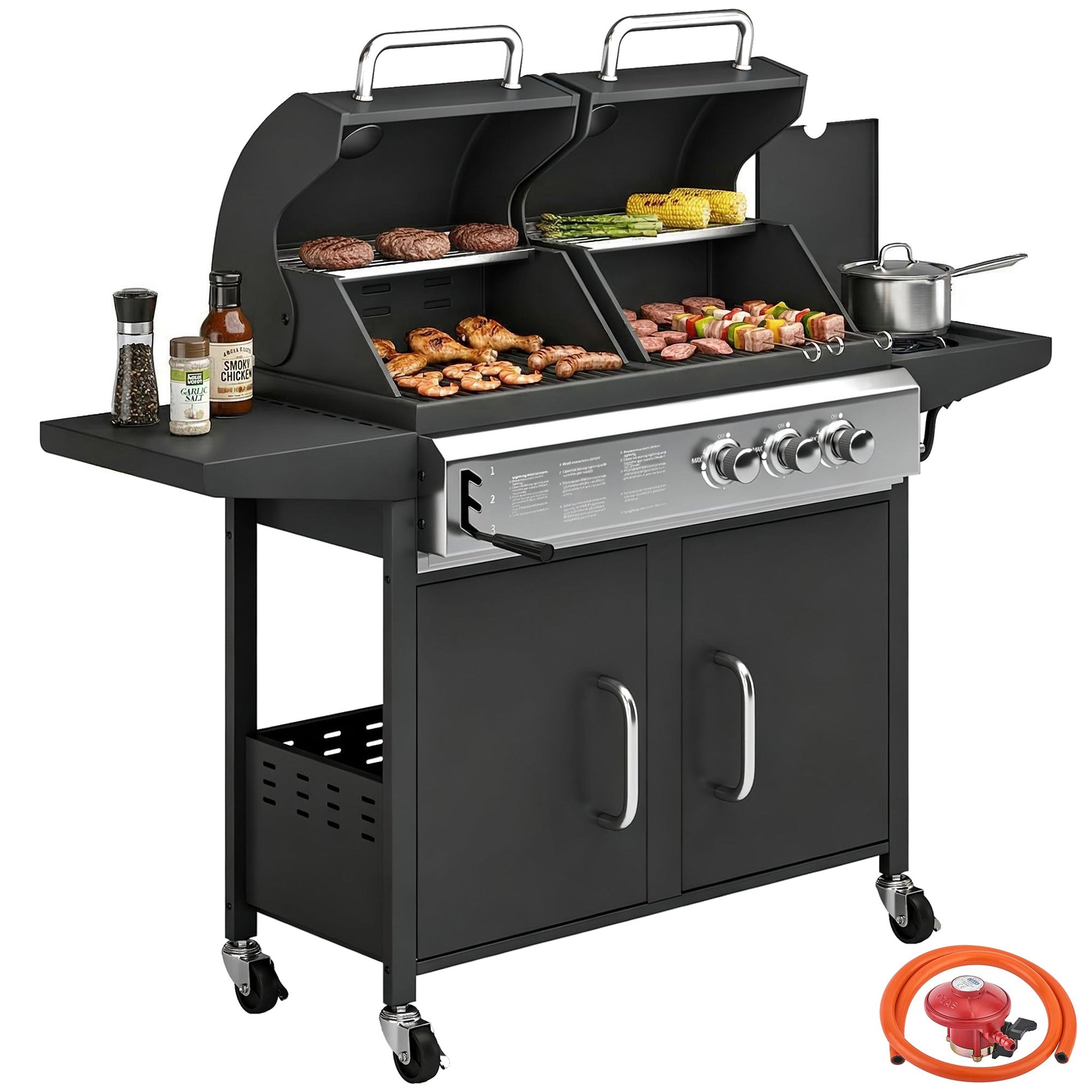 2+1 Burner Hybrid Dual Fuel BBQ Gas Grill, 2-in-1 Portable Propane & Charcoal Barbecue Grill Smoker Combo with Wheels, Warming Rack, Built-in Thermometer, Side Shelves, Cabinet, Lid, Black
