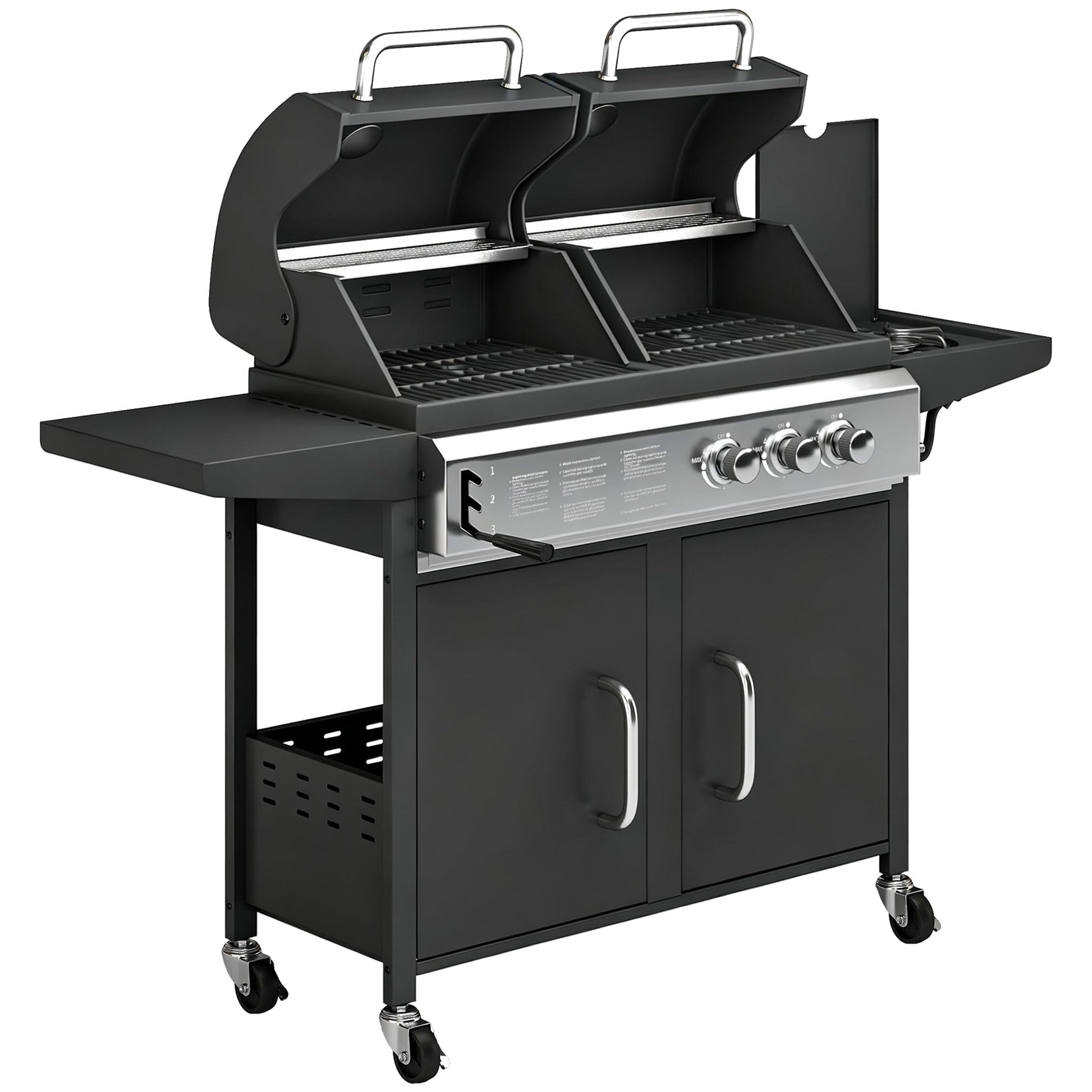 2+1 Burner Hybrid Dual Fuel BBQ Gas Grill, 2-in-1 Portable Propane & Charcoal Barbecue Grill Smoker Combo with Wheels, Warming Rack, Built-in Thermometer, Side Shelves, Cabinet, Lid, Black