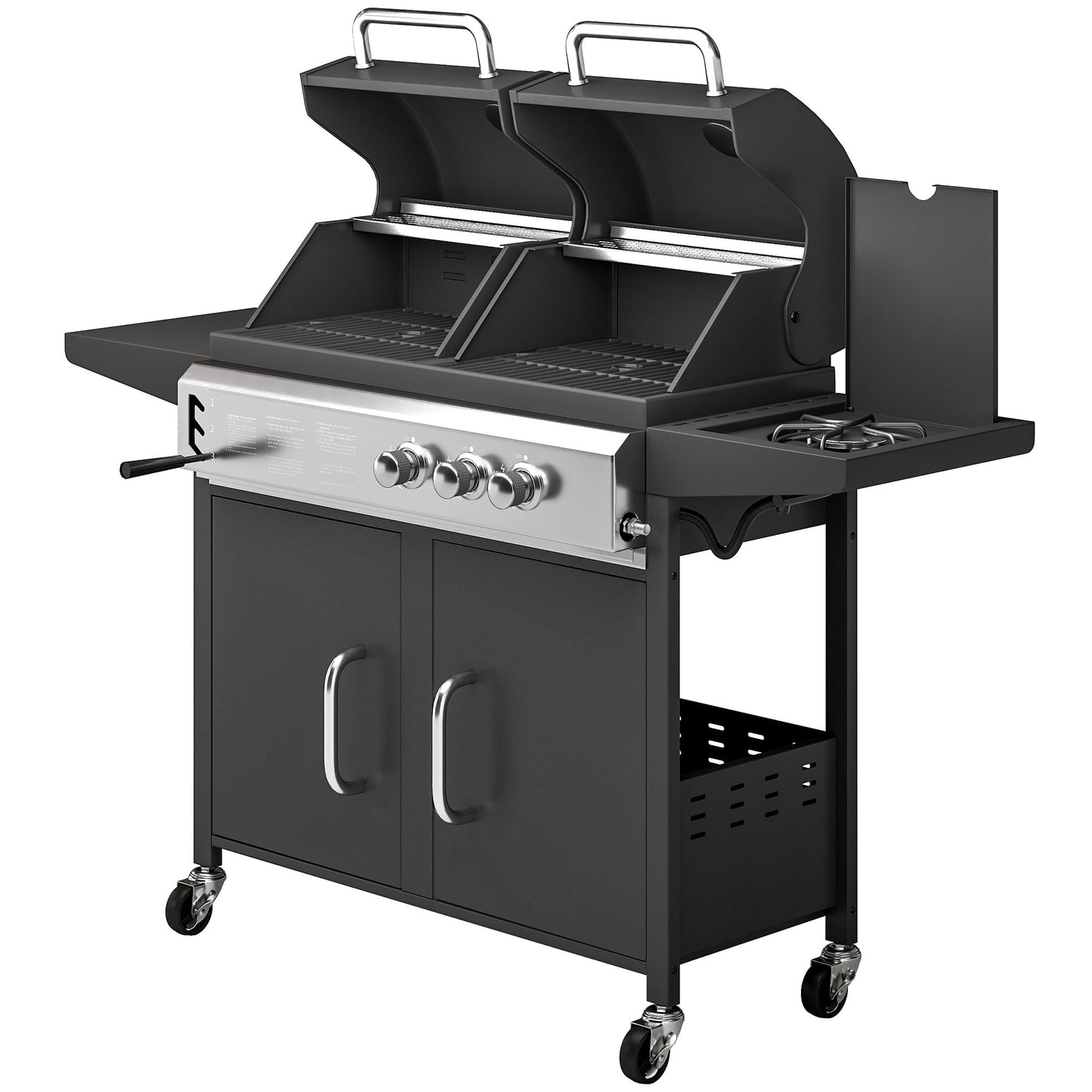 2+1 Burner Hybrid Dual Fuel BBQ Gas Grill, 2-in-1 Portable Propane & Charcoal Barbecue Grill Smoker Combo with Wheels, Warming Rack, Built-in Thermometer, Side Shelves, Cabinet, Lid, Black