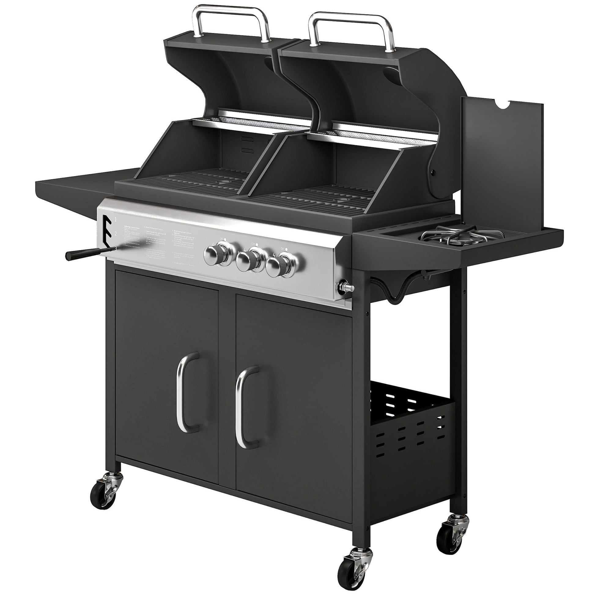 2+1 Burner Hybrid Dual Fuel BBQ Gas Grill, 2-in-1 Portable Propane & Charcoal Barbecue Grill Smoker Combo with Wheels, Warming Rack, Built-in Thermometer, Side Shelves, Cabinet, Lid, Black