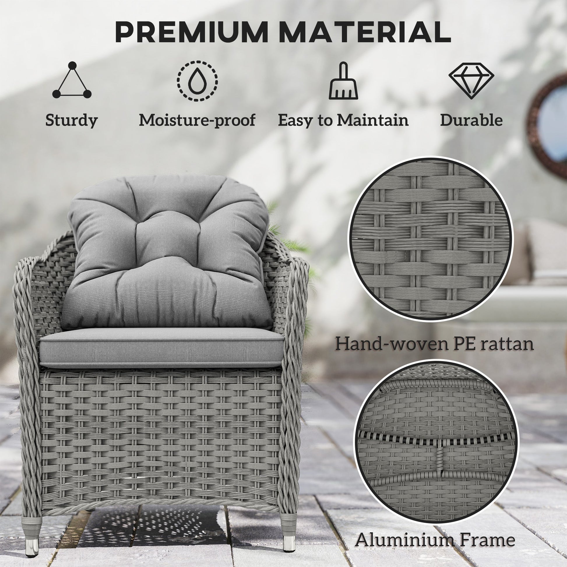6 Seater Rattan Dining Set with Seat and Back Cushions, PE Rattan Garden Furniture Set, Outdoor Dining Table and Chairs, Rectangular Glass Top Table with Umbrella Hole, Light Grey