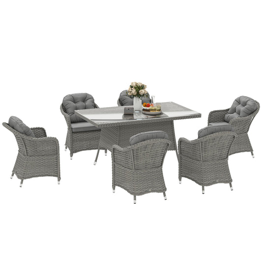 6 Seater Rattan Dining Set with Seat and Back Cushions, PE Rattan Garden Furniture Set, Outdoor Dining Table and Chairs, Rectangular Glass Top Table with Umbrella Hole, Light Grey