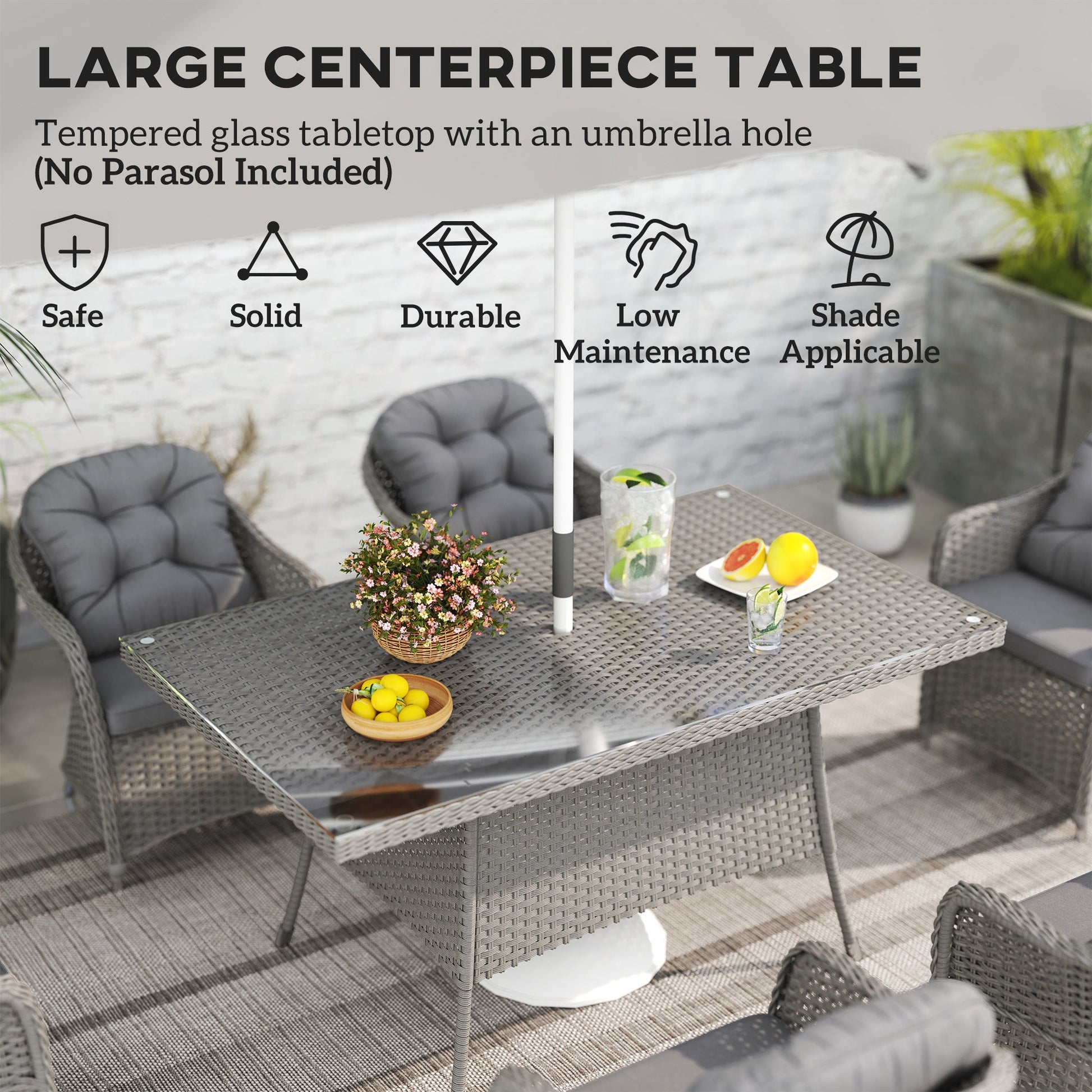 6 Seater Rattan Dining Set with Seat and Back Cushions, PE Rattan Garden Furniture Set, Outdoor Dining Table and Chairs, Rectangular Glass Top Table with Umbrella Hole, Light Grey
