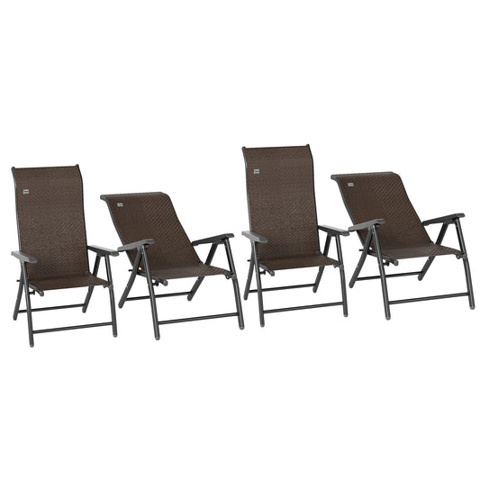 Set of 4 Outdoor Wicker Folding Chairs, Patio PE Rattan Dining Armrests Chair set with 7 Levels Adjustable Backrest, for Outdoors, Camping, Dark Brown