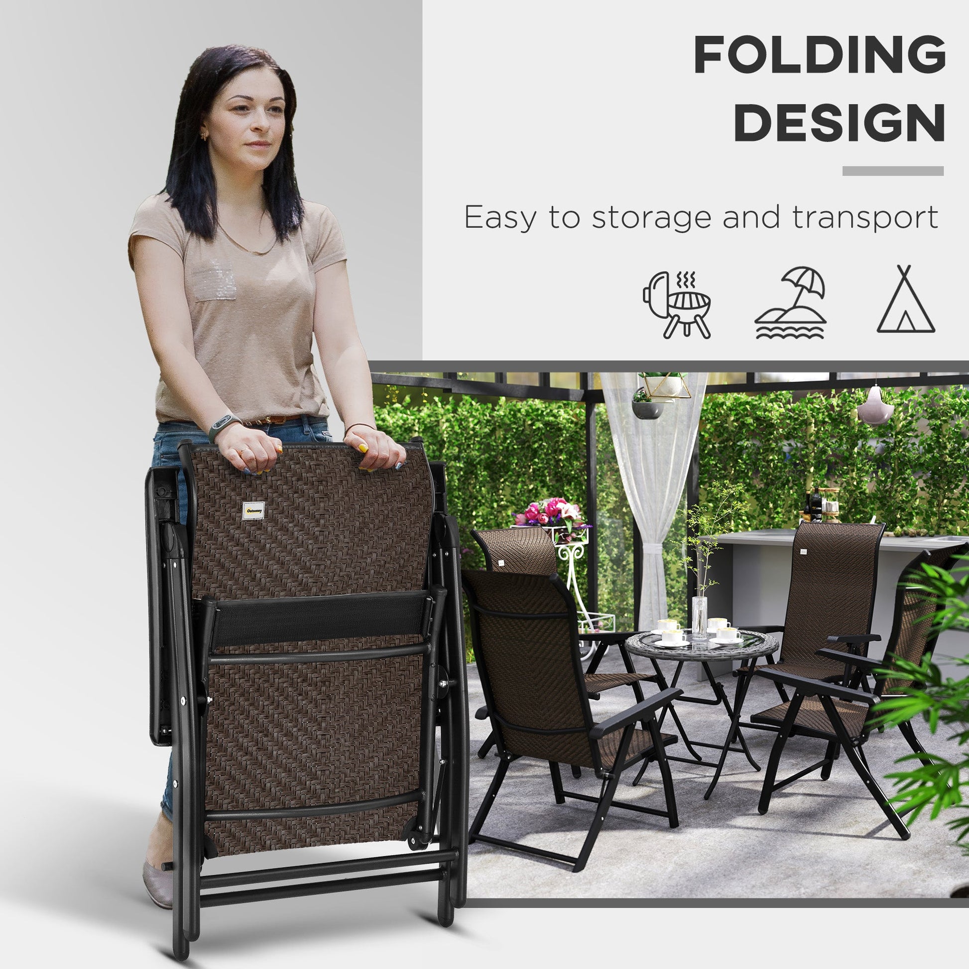Set of 4 Outdoor Wicker Folding Chairs, Patio PE Rattan Dining Armrests Chair set with 7 Levels Adjustable Backrest, for Outdoors, Camping, Dark Brown