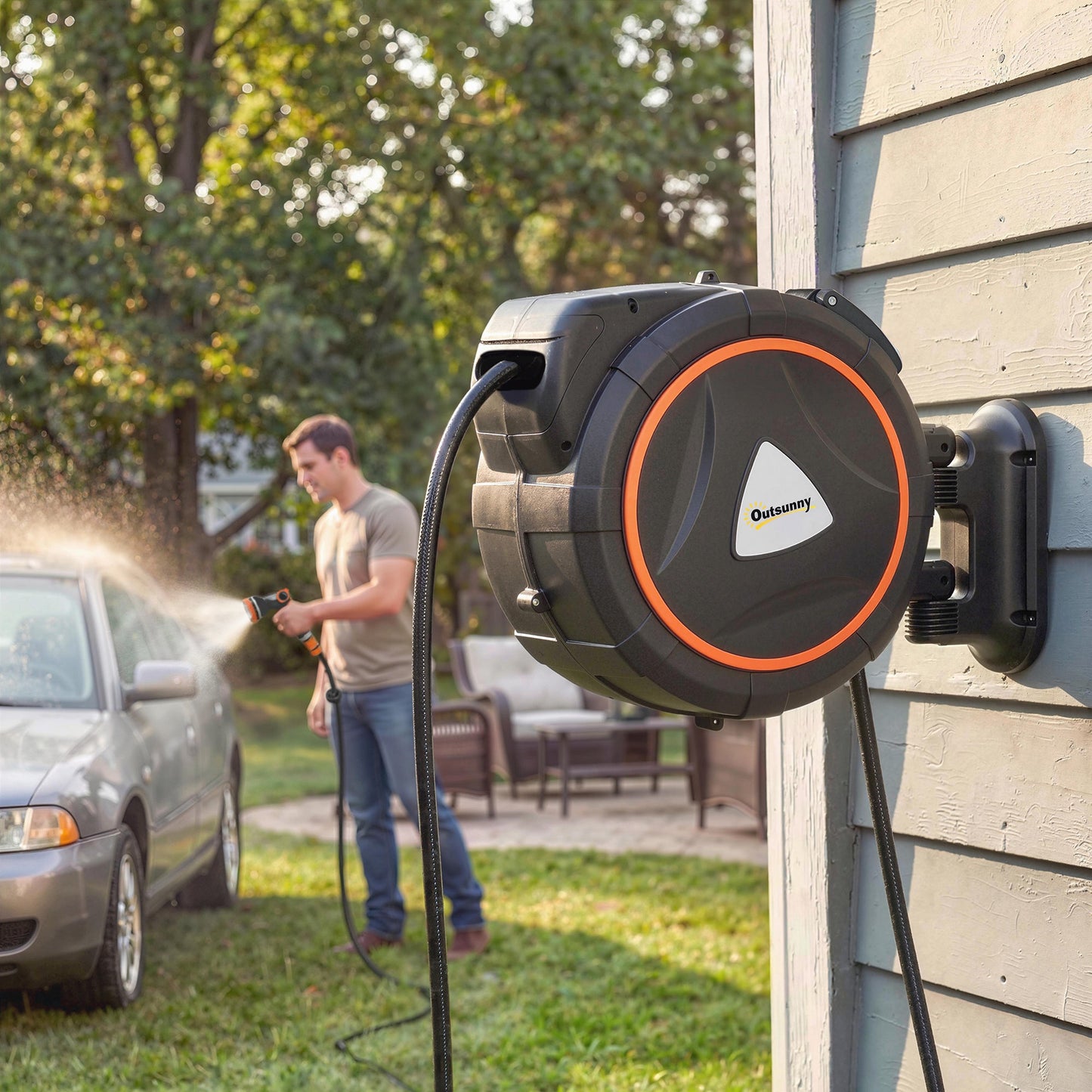 Retractable Hose Reel Wall Mounted, 28+2m Garden Hose Pipe Reel with Auto Retraction, Self-Locking, Slow Return System, 180° Swivel Bracket, 12-Pattern Nozzles and Faucet Adaptor, Orange
