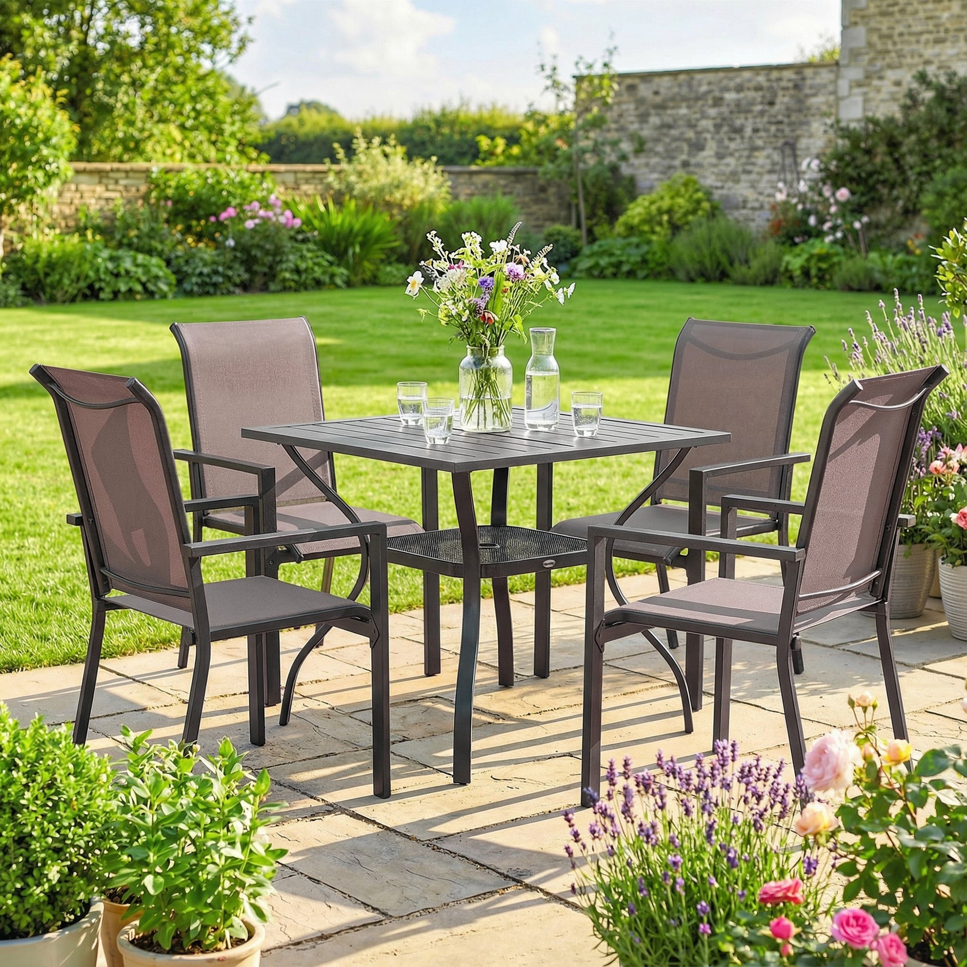 5 Pieces Garden Dining Set for 4, Patio Table and Stackable Chairs with Breathable Mesh Seat and Parasol Hole, Garden Furniture Set with Steel Frame for Garden, Grey and Khaki