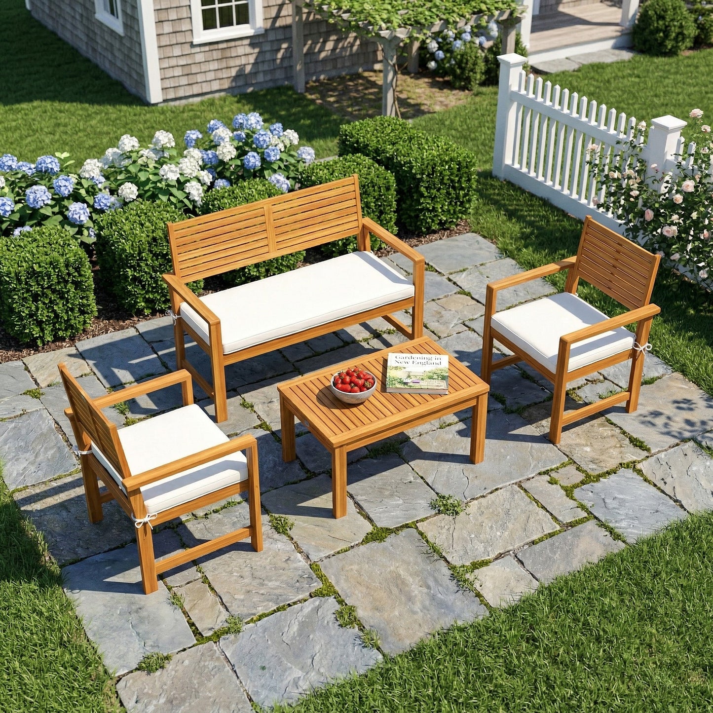 4 Seater Wooden Garden Furniture Set with Loveseat, 2 Armchairs, Wood-Top Table, Acacia Wood Garden Sofa Set with Cushions, Outdoor Furniture Conversation Sets, Cream White