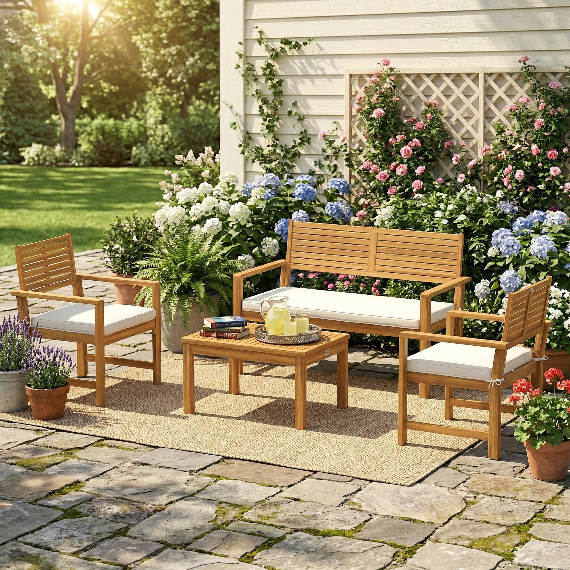 4 Seater Wooden Garden Furniture Set with Loveseat, 2 Armchairs, Wood-Top Table, Acacia Wood Garden Sofa Set with Cushions, Outdoor Furniture Conversation Sets, Cream White
