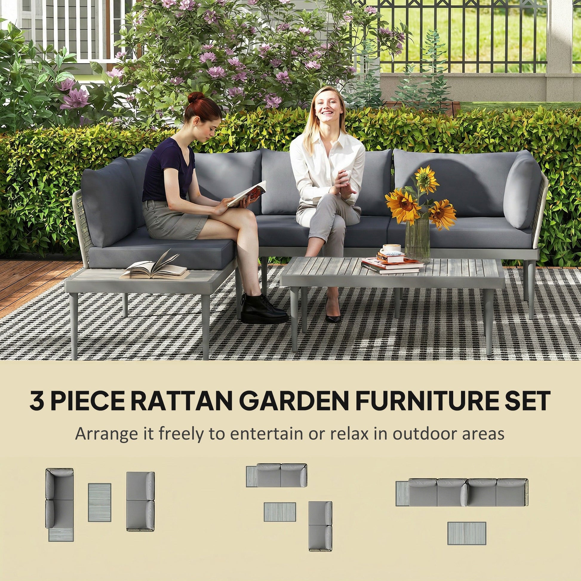 3 Piece L Shaped Rattan Garden Furniture Set, 4 Seater Wicker Outdoor Corner Sofa Set with 2 Loveseats, Wide and Deep Seating, Acacia Wood Top Coffee Table and Thick Cushions, Grey