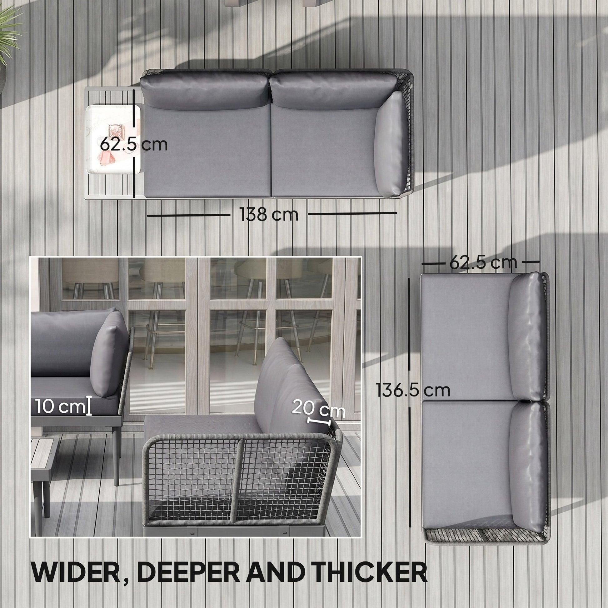 3 Piece L Shaped Rattan Garden Furniture Set, 4 Seater Wicker Outdoor Corner Sofa Set with 2 Loveseats, Wide and Deep Seating, Acacia Wood Top Coffee Table and Thick Cushions, Grey