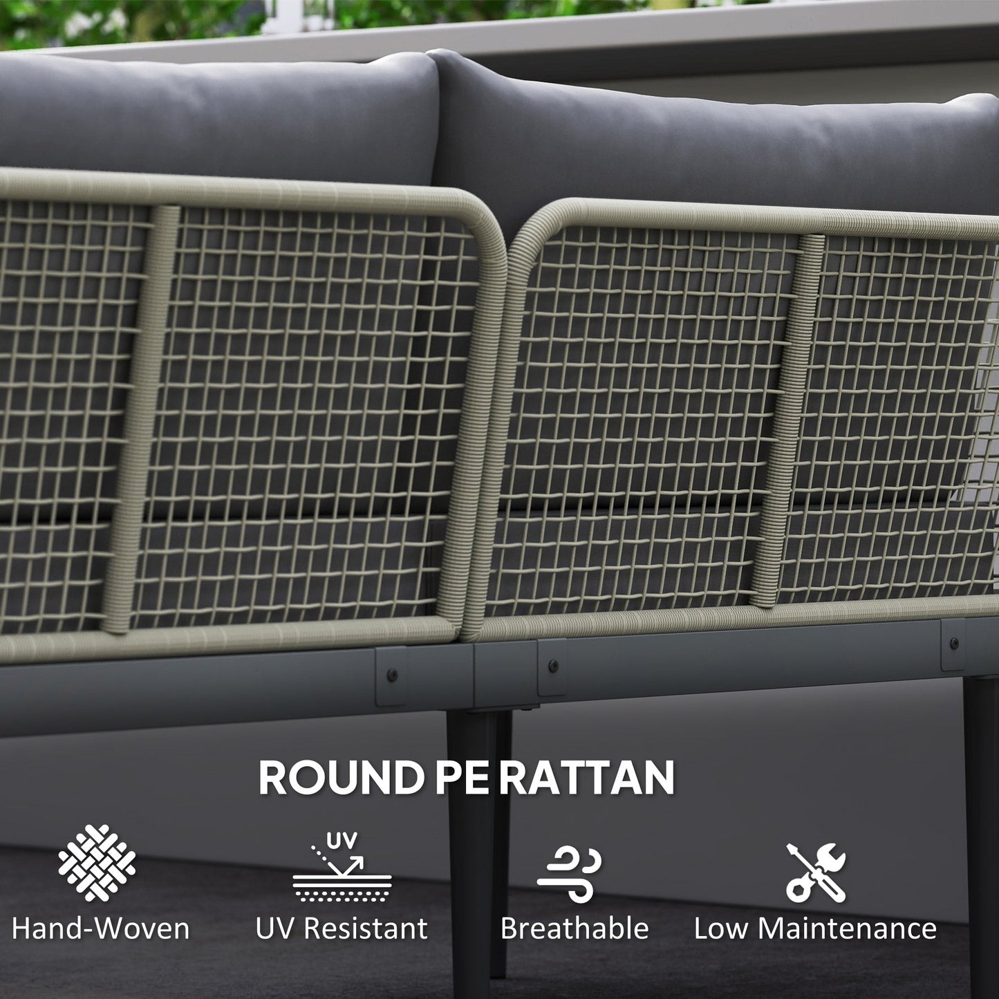 3 Piece L Shaped Rattan Garden Furniture Set, 4 Seater Wicker Outdoor Corner Sofa Set with 2 Loveseats, Wide and Deep Seating, Acacia Wood Top Coffee Table and Thick Cushions, Grey