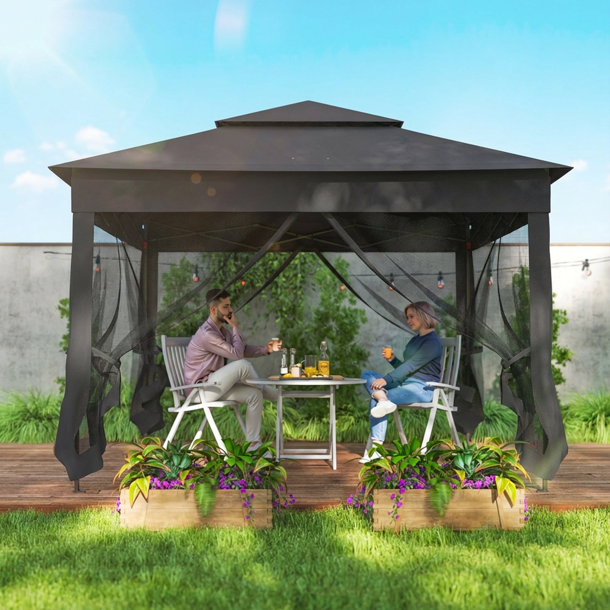 3 x 3(m) Pop Up Gazebo, Double-roof Garden Tent with Netting and Carry Bag, Party Event Shelter for Outdoor Patio, Black