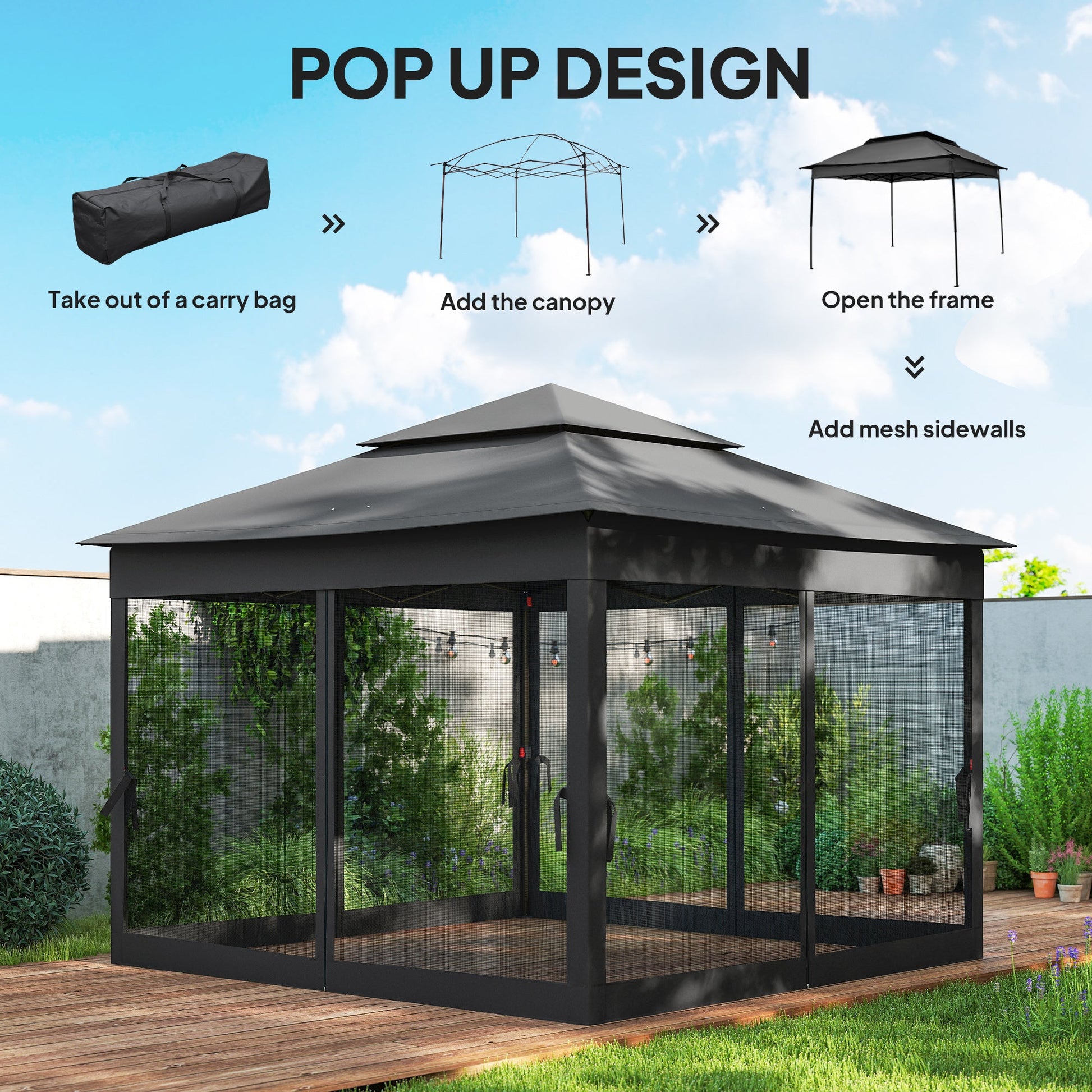 3 x 3(m) Pop Up Gazebo, Double-roof Garden Tent with Netting and Carry Bag, Party Event Shelter for Outdoor Patio, Black