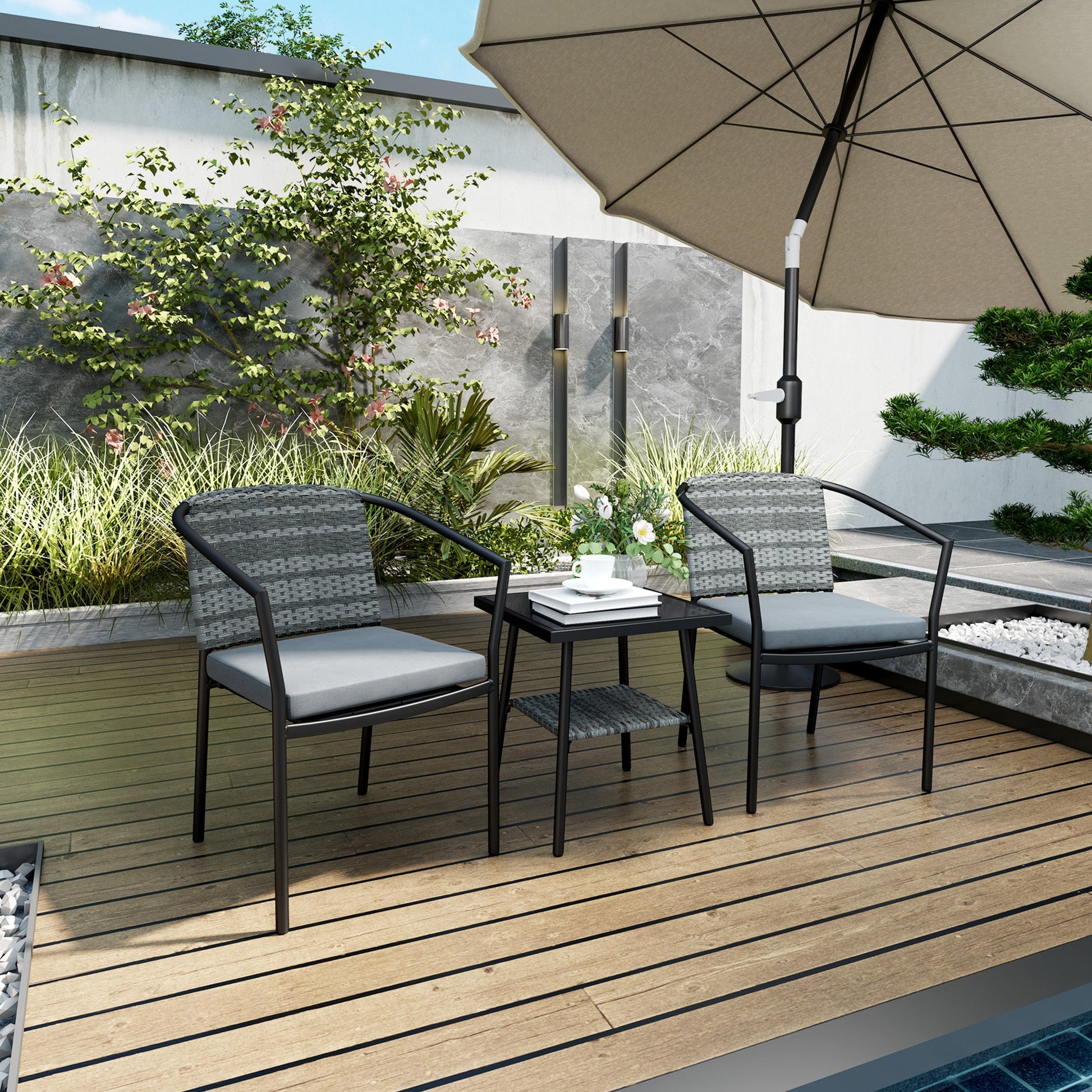 3 Pieces Rattan Bistro Set with Cushions, Wicker Garden Furniture Set, Glass Top Coffee Table and Chairs for Outdoor Patio, Balcony, Terrace and Conservatory, Grey