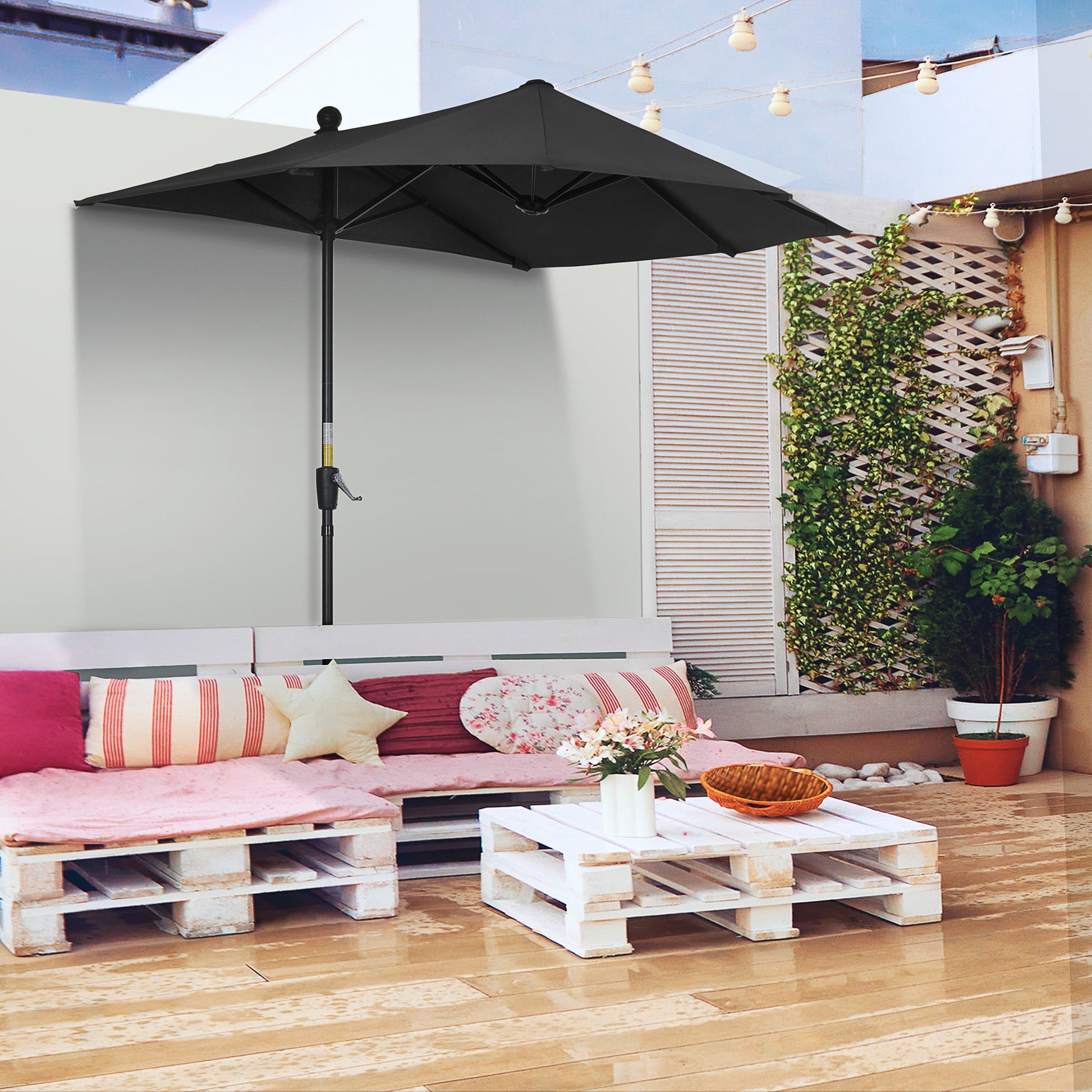 2m Half Parasol Market Umbrella Garden Balcony Parasol with Crank Handle, Cross Base, Double-Sided Canopy, Black