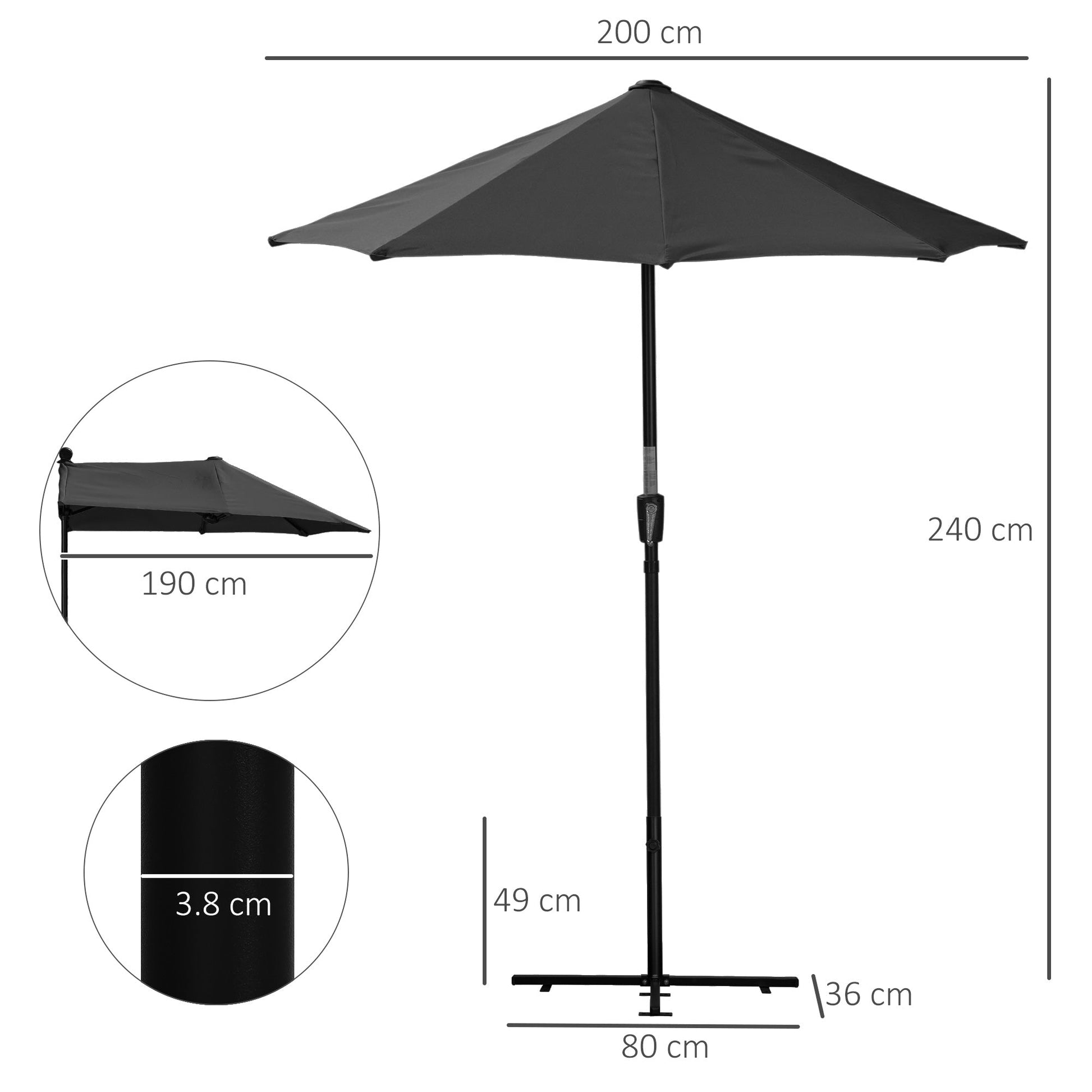 2m Half Parasol Market Umbrella Garden Balcony Parasol with Crank Handle, Cross Base, Double-Sided Canopy, Black