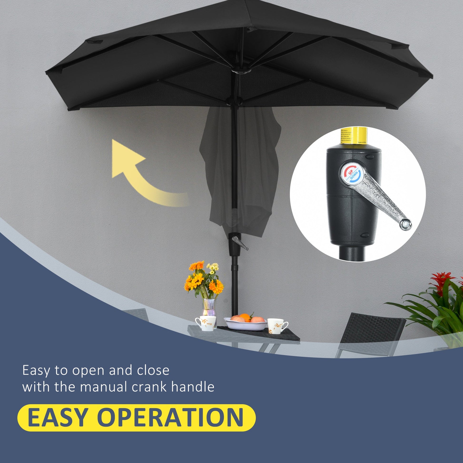 2m Half Parasol Market Umbrella Garden Balcony Parasol with Crank Handle, Cross Base, Double-Sided Canopy, Black