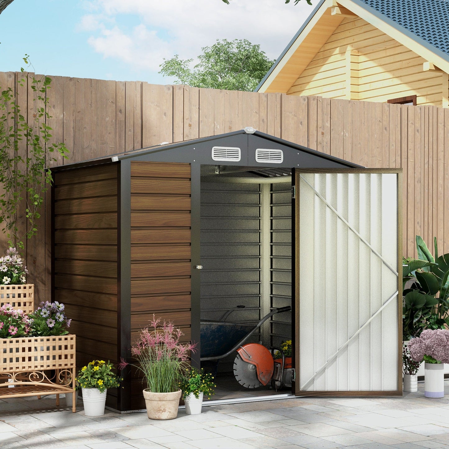 4.3 x  6.2 ft Garden Metal Shed w/ Lock, Outdoor Storage Shed with Ventilation Slots and Gloves for Garden, Patio, Oak