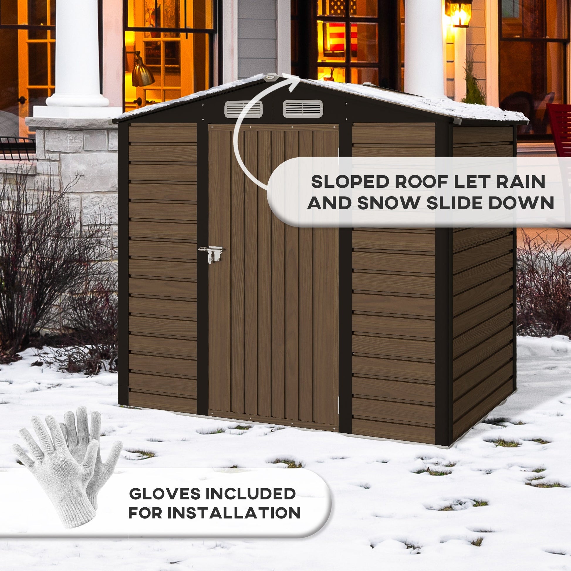 4.3 x  6.2 ft Garden Metal Shed w/ Lock, Outdoor Storage Shed with Ventilation Slots and Gloves for Garden, Patio, Oak