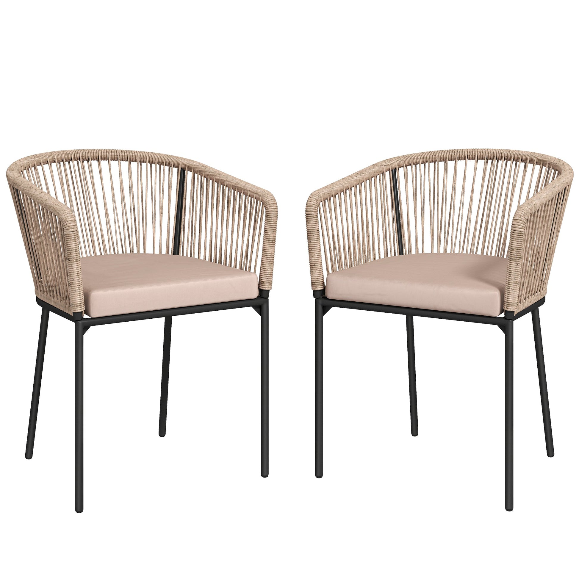 Garden Chairs Set of 2, Rattan Garden Dining Chairs with String Back and Armrests, Metal Frame Outdoor Chair Set with Cushion for Patio, Balcony, Terrace, Natural Wood Finish