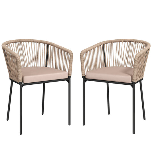 Garden Chairs Set of 2, Rattan Garden Dining Chairs with String Back and Armrests, Metal Frame Outdoor Chair Set with Cushion for Patio, Balcony, Terrace, Natural Wood Finish