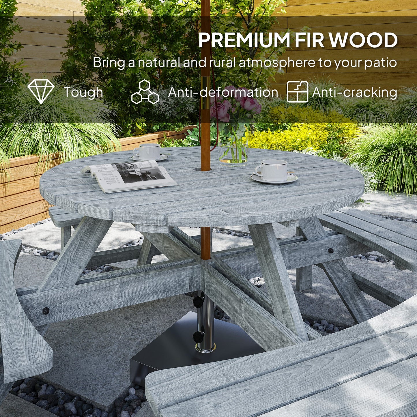 8 Seater Wooden Picnic Table and Garden Benches Set, Round Garden Dining Set with 4 Benches and Umbrella Hole Outdoor Garden Park, Grey