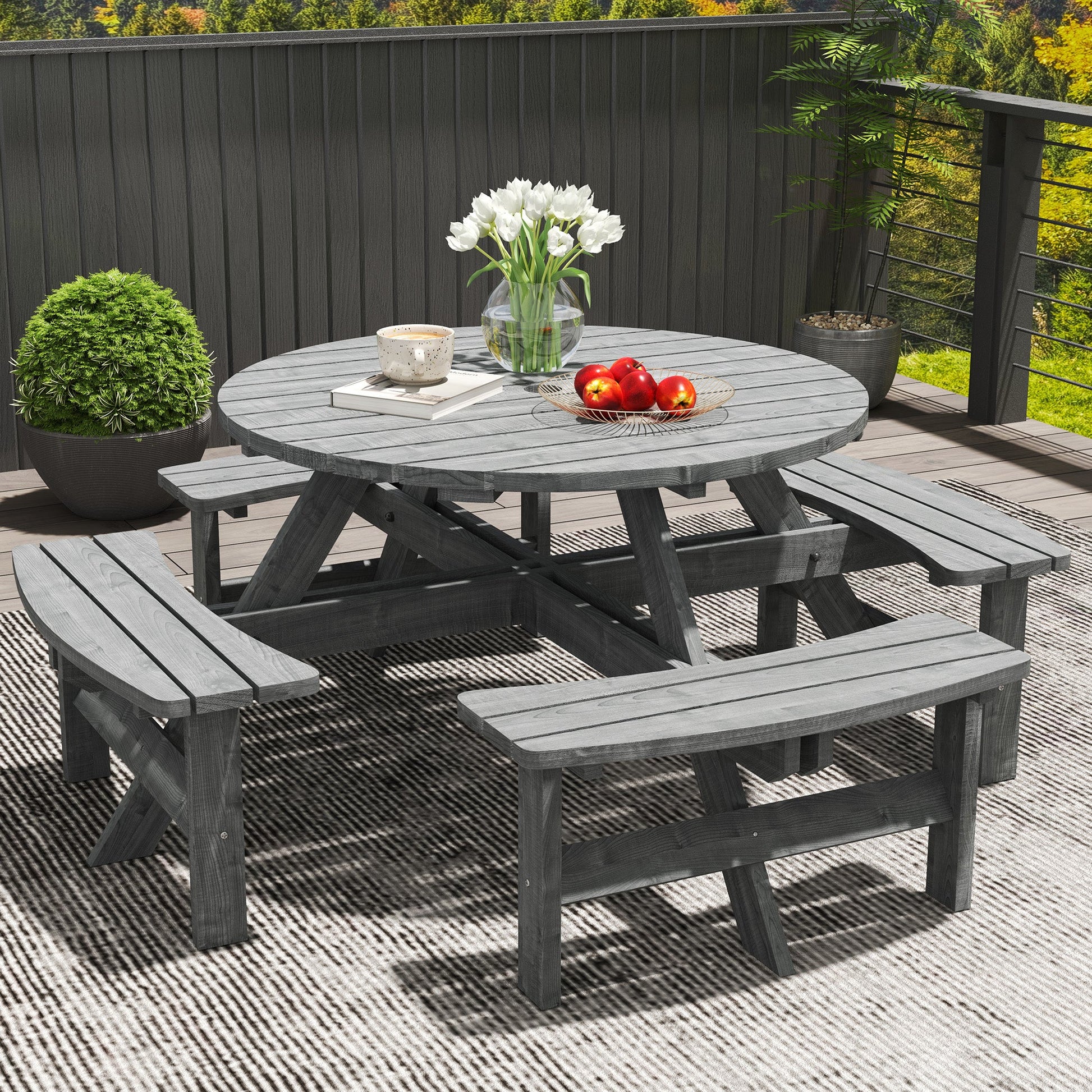 8 Seater Wooden Picnic Table and Garden Benches Set, Round Garden Dining Set with 4 Benches and Umbrella Hole Outdoor Garden Park, Grey